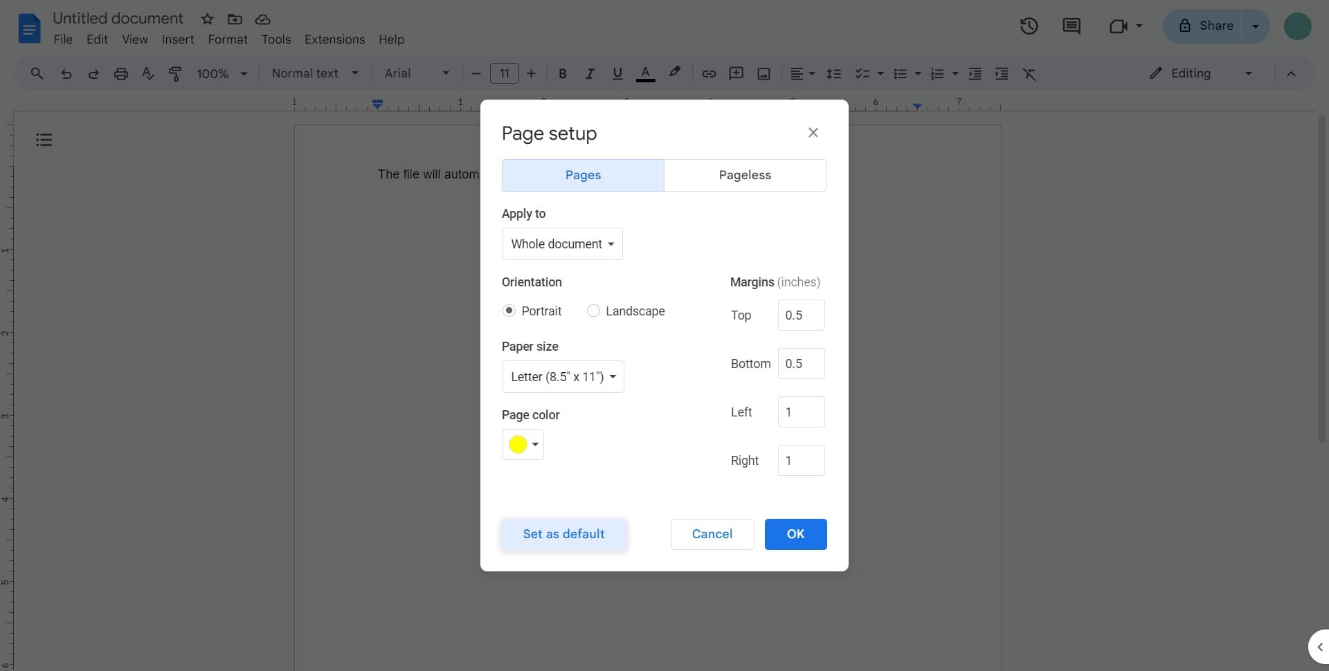 Set as default for future documents