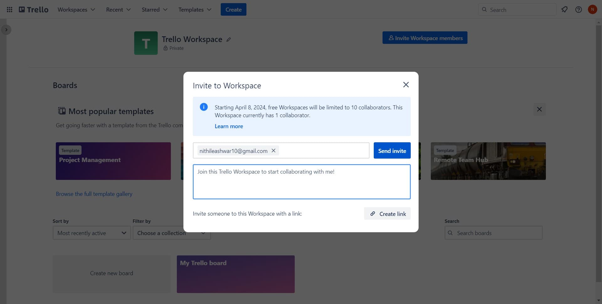 Send the workspace invitation
