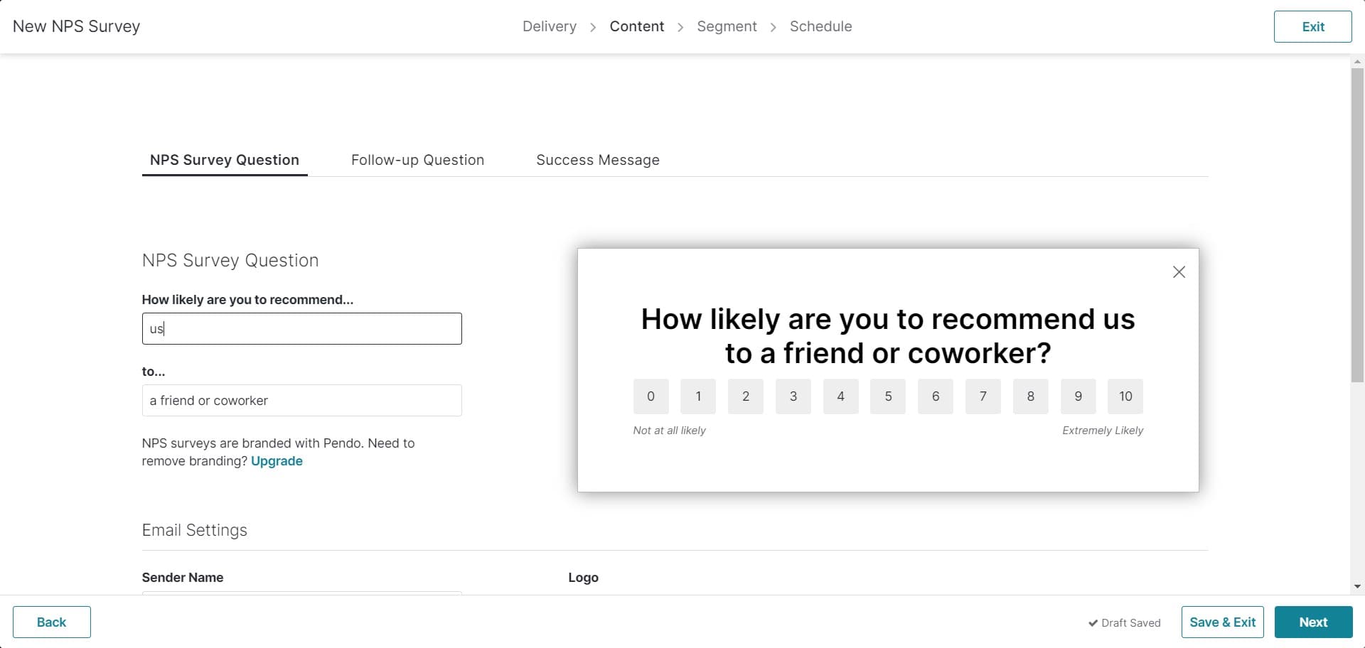Configure first survey setting