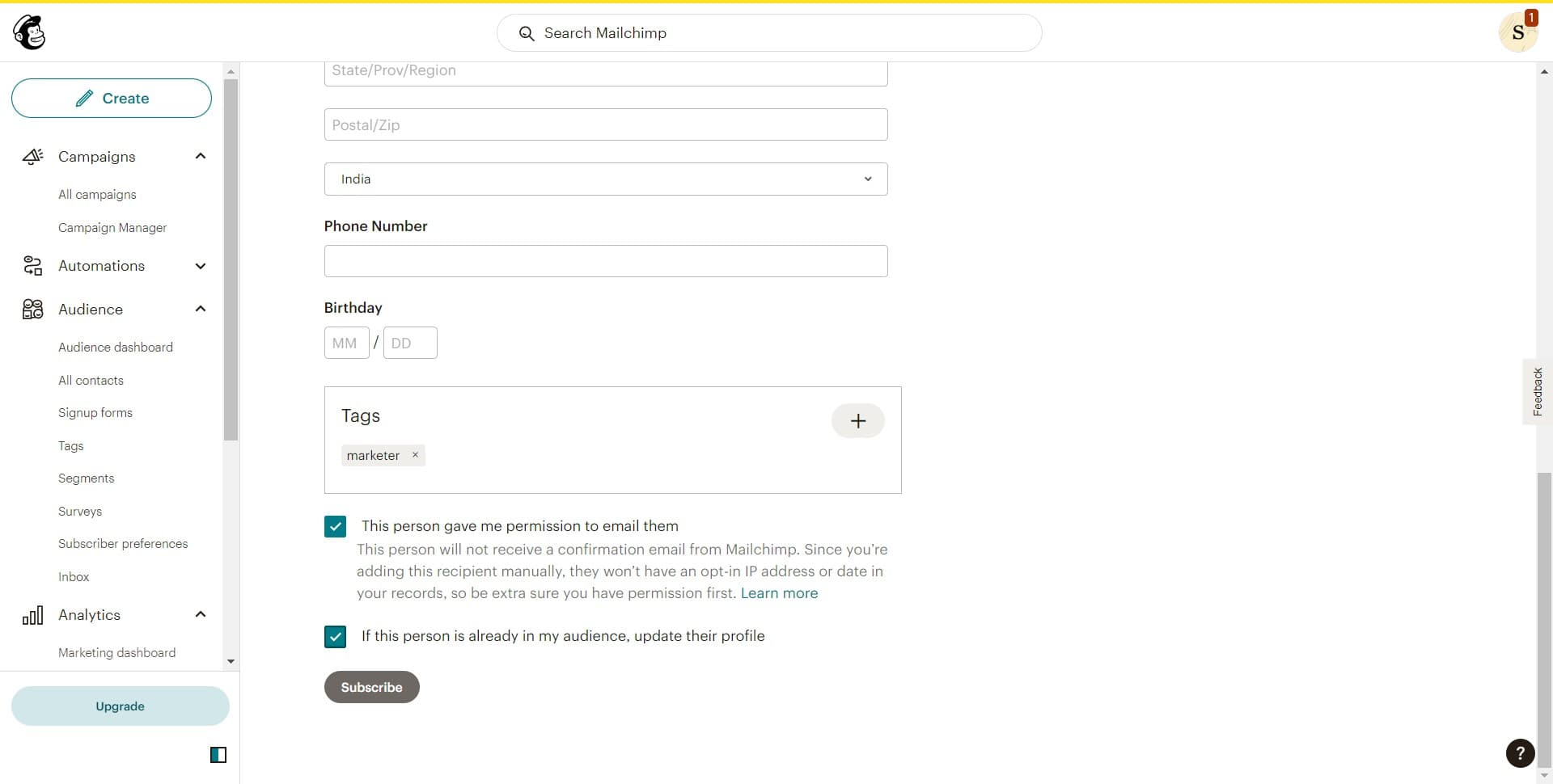 Confirm and save the subscriber
