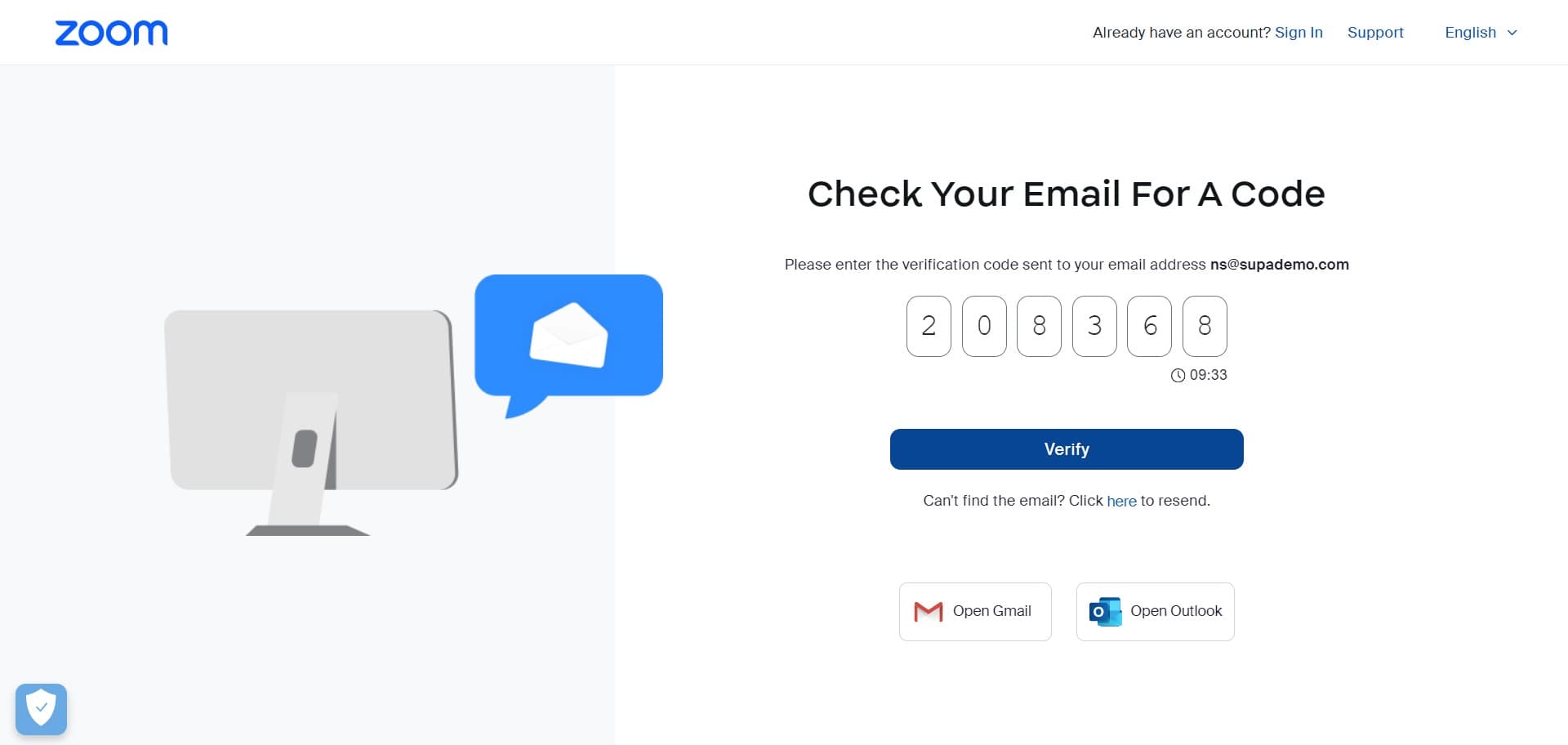 Click Verify to confirm email