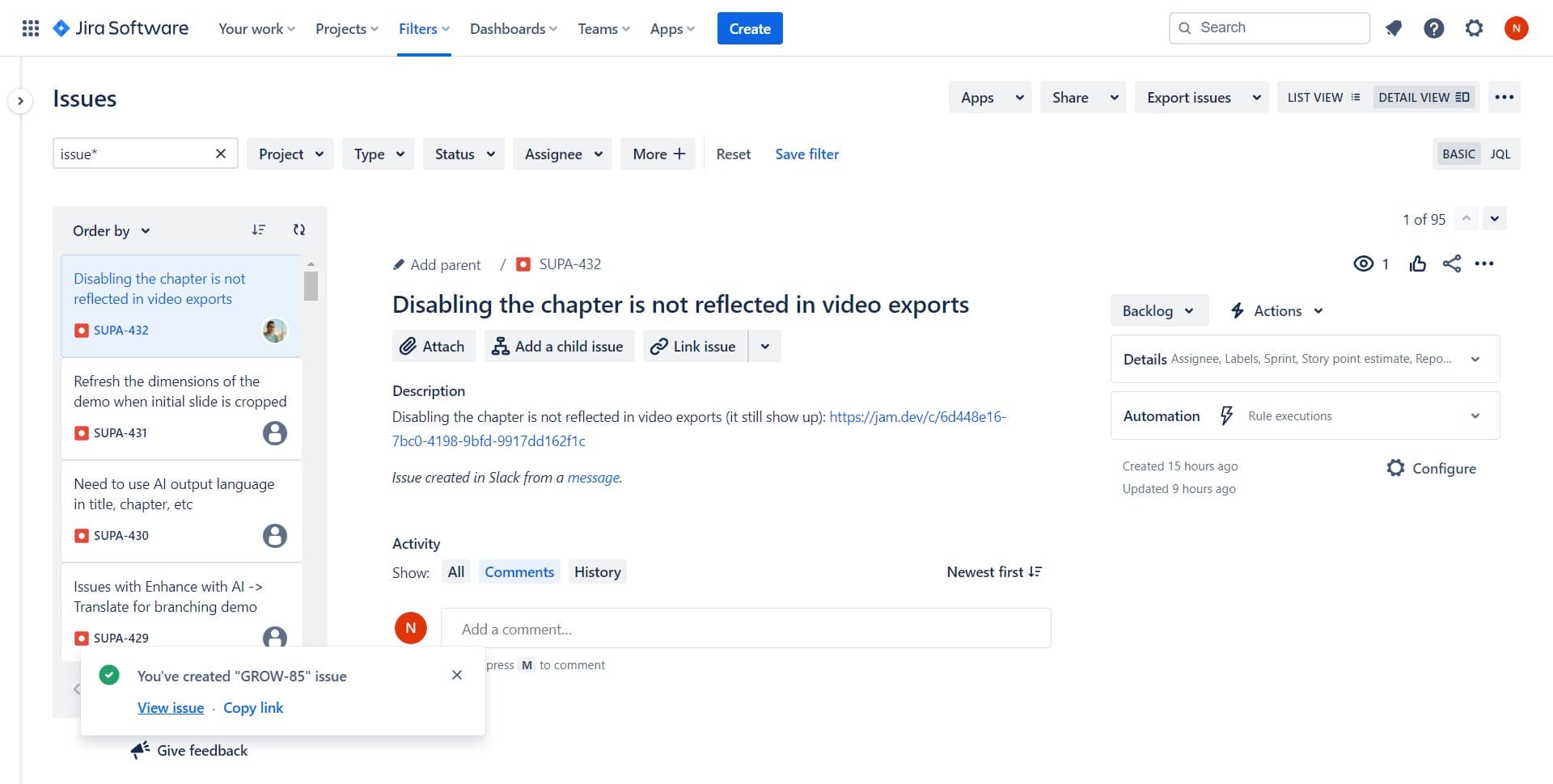 View the newly created issue