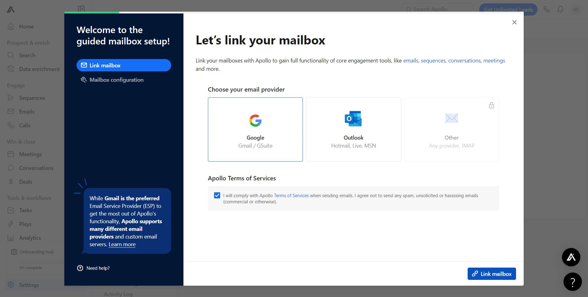 Confirm the Link mailbox action