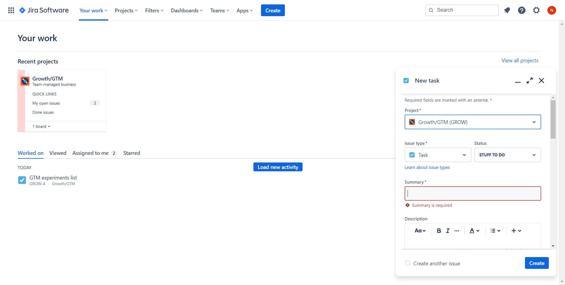 Select the project and issue type