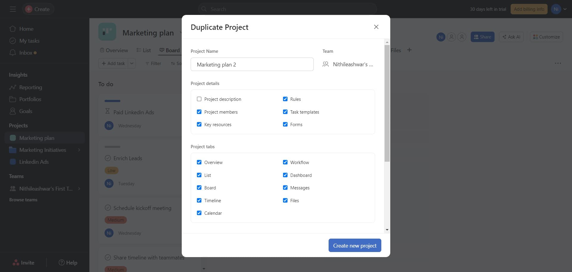 Create the new project