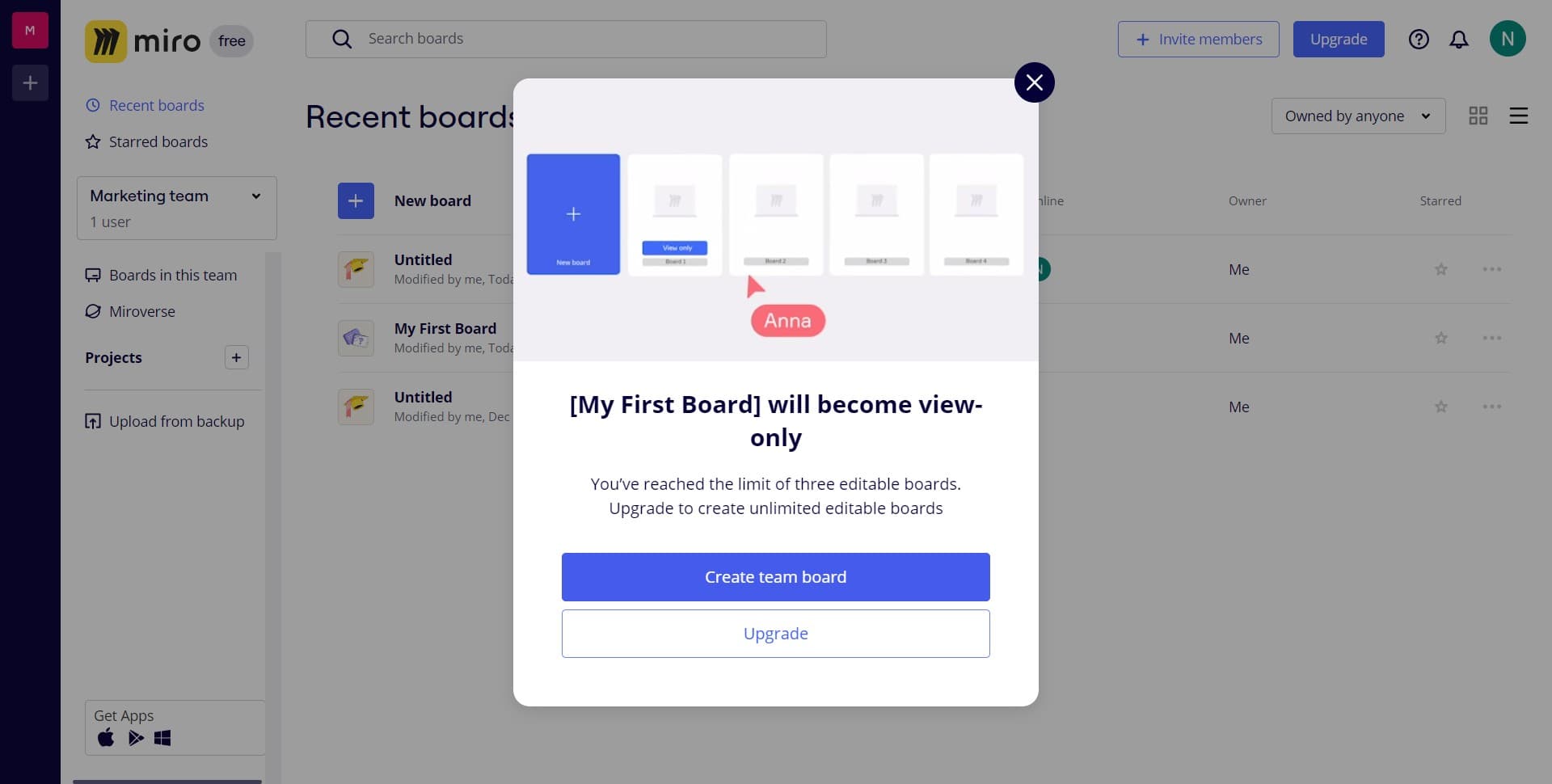 Click on Create team board