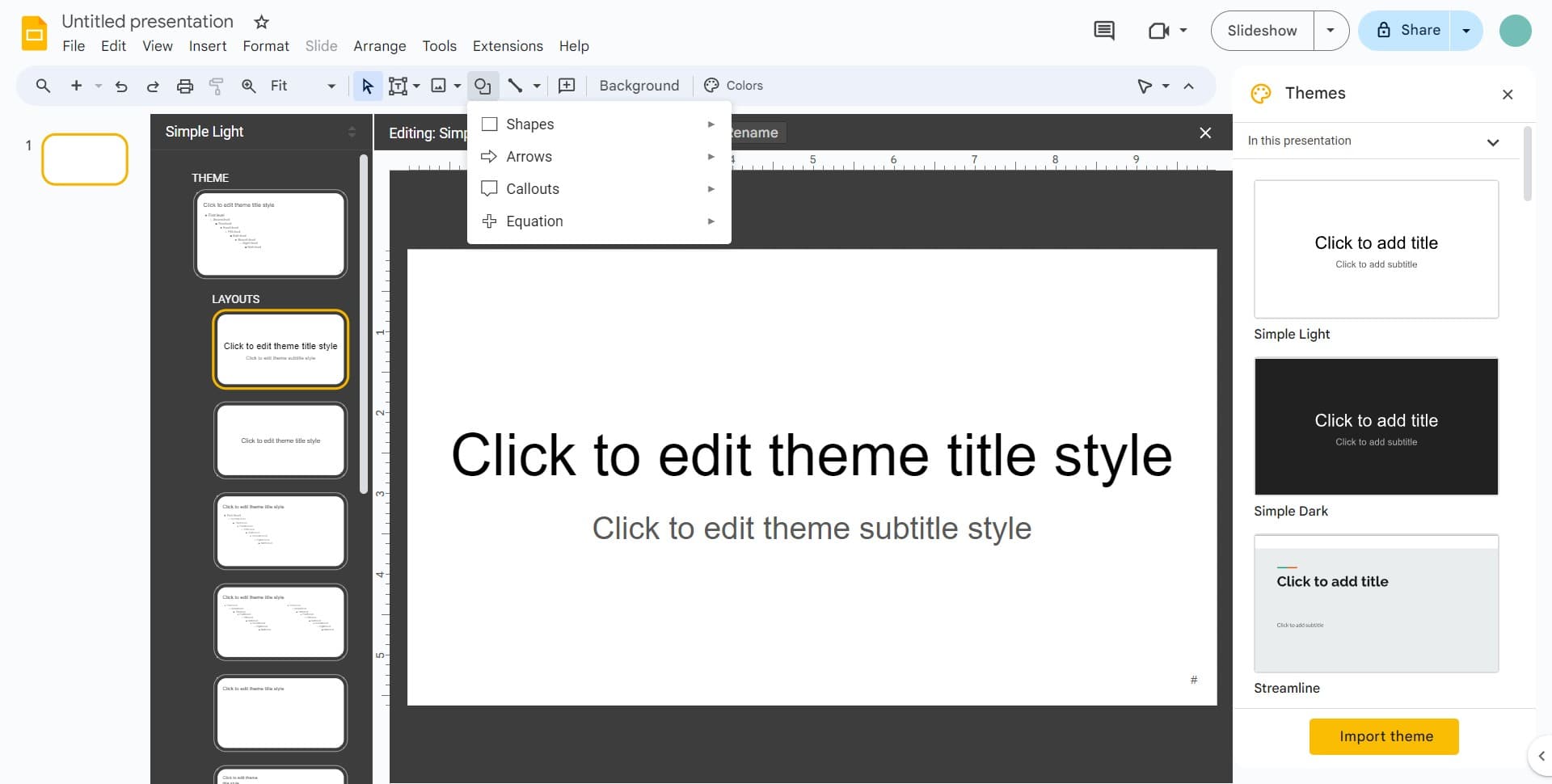 Access the shapes menu