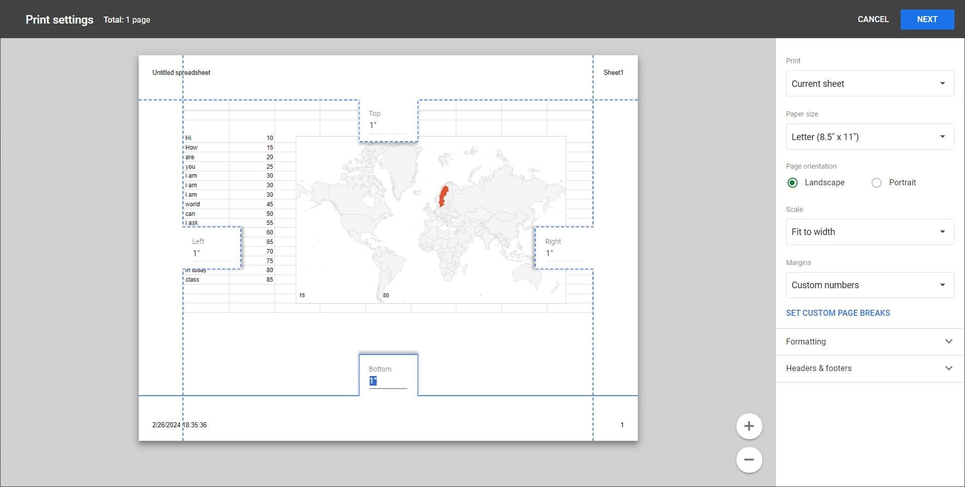 Enter custom margin values