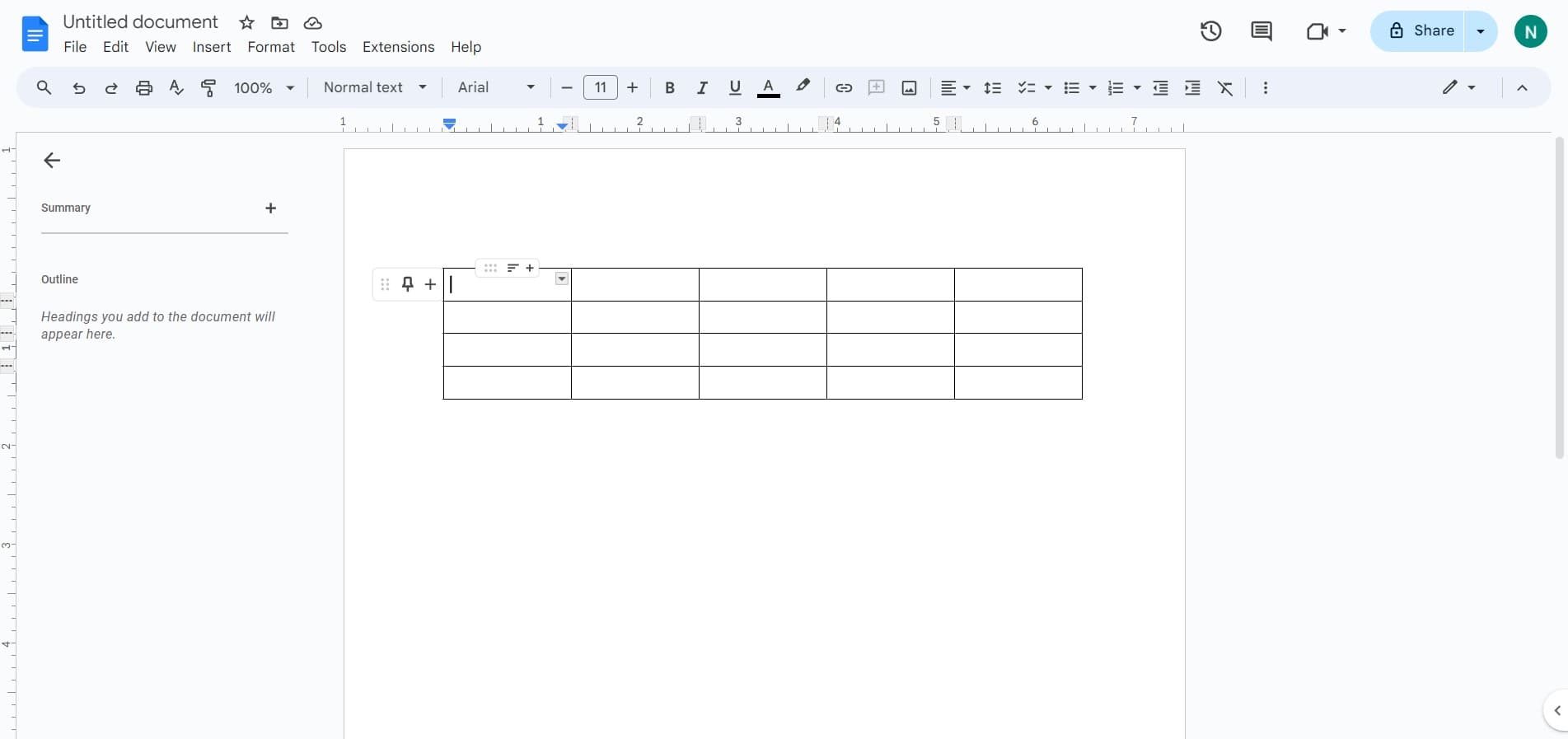 Access the table insertion menu