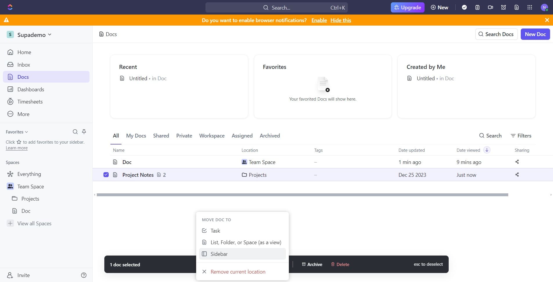Choose Sidebar as destination