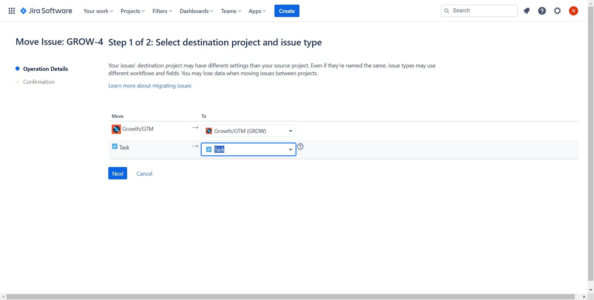 Confirm destination selection