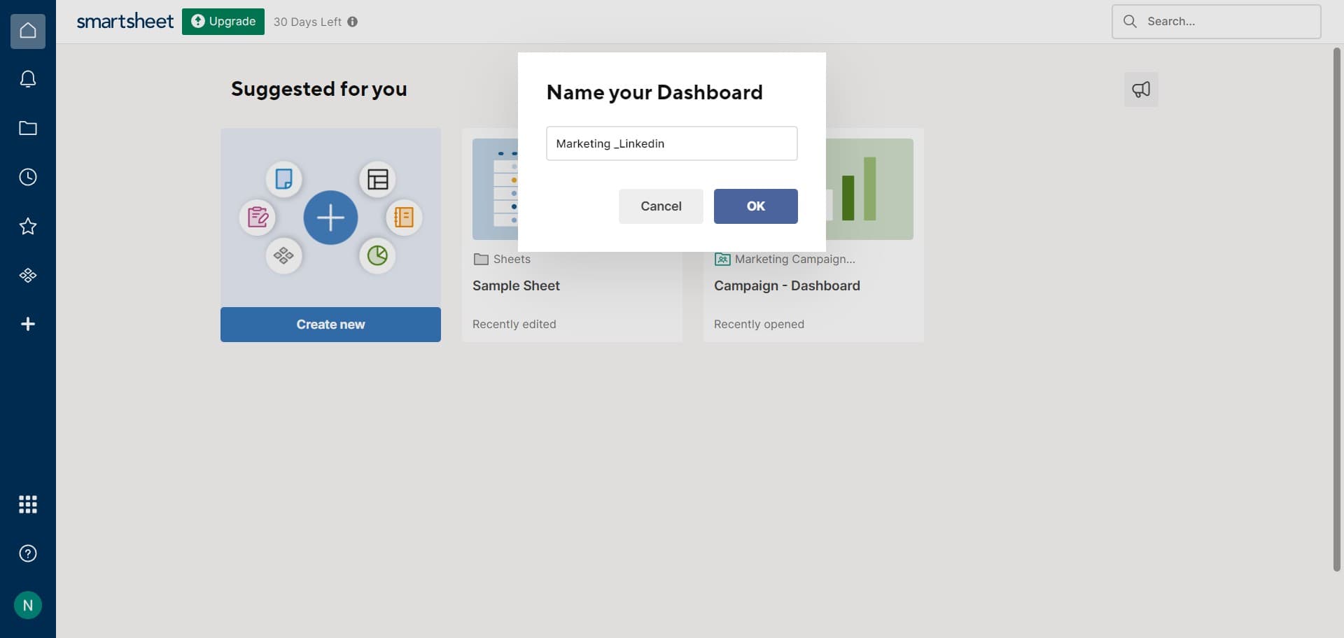 Confirm dashboard creation