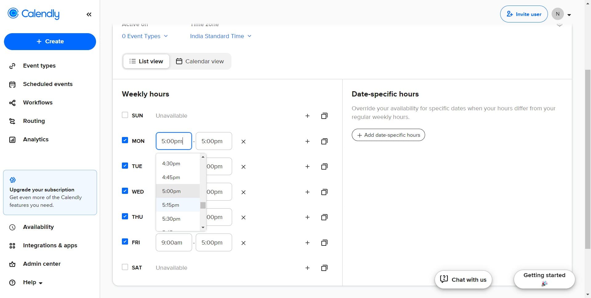 Set opening time to 5:00pm