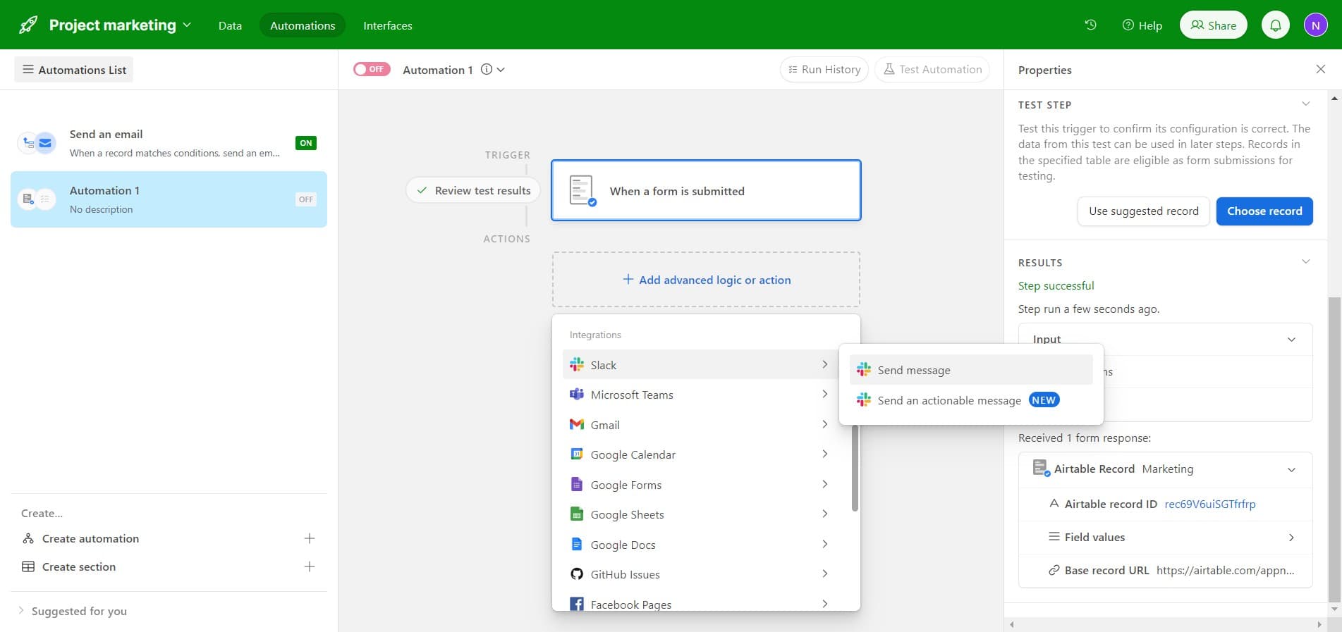 Select message action