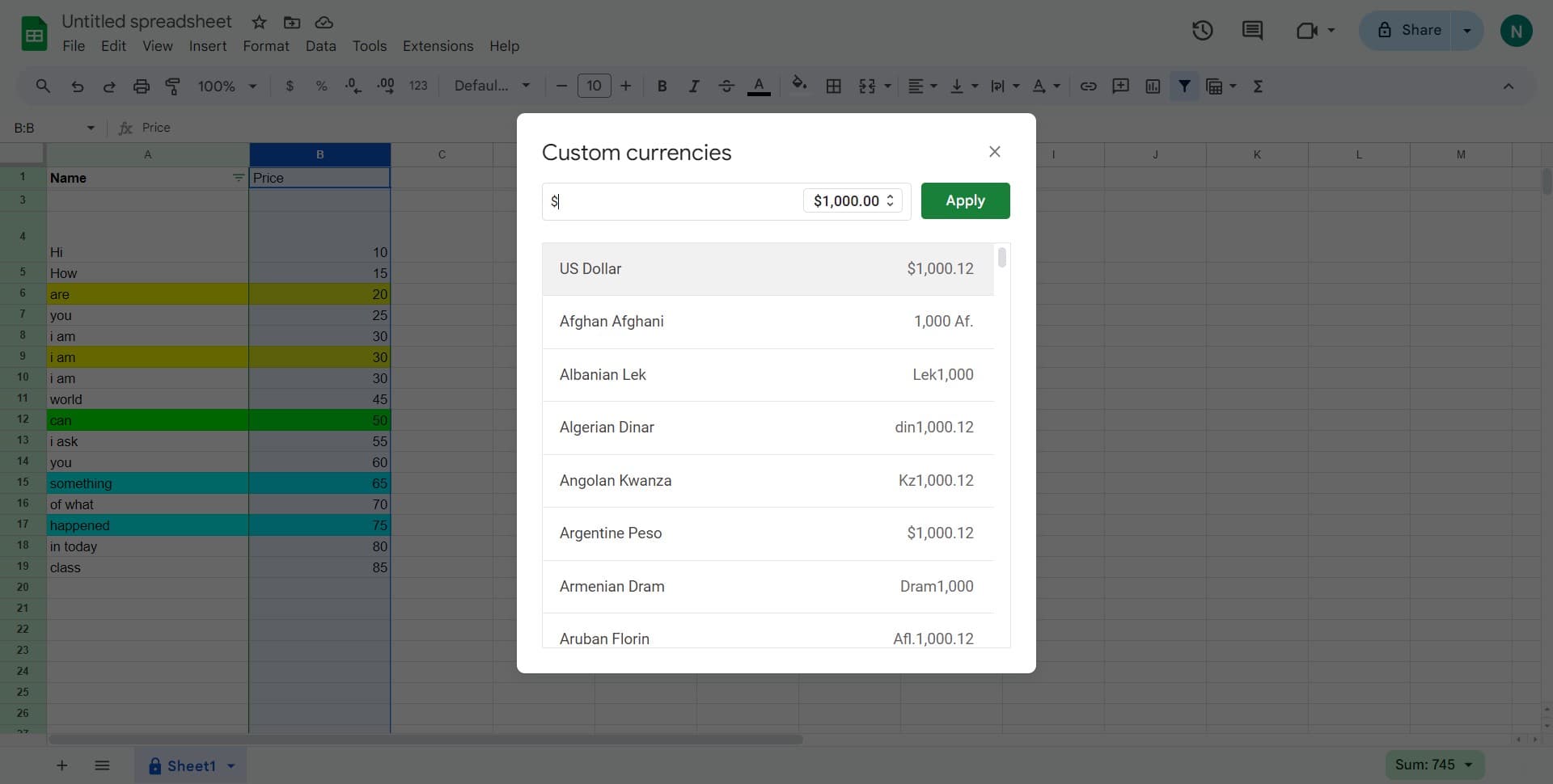 Choose US Dollar format