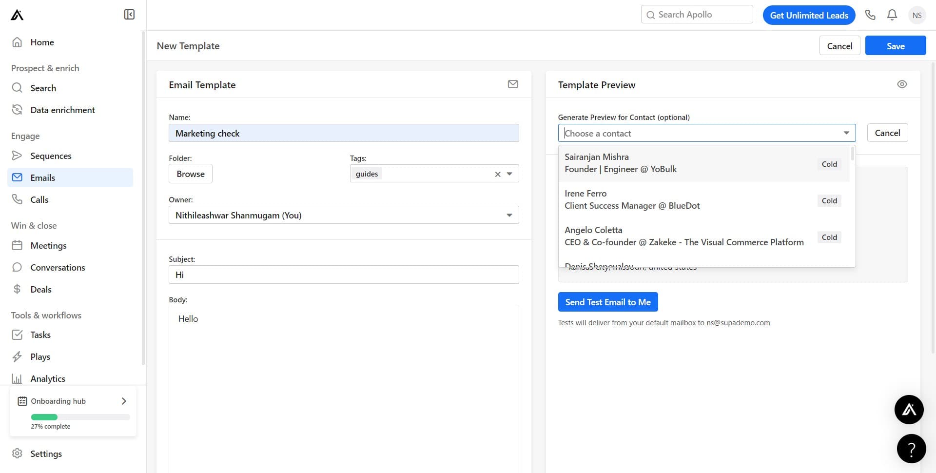 Select a test contact