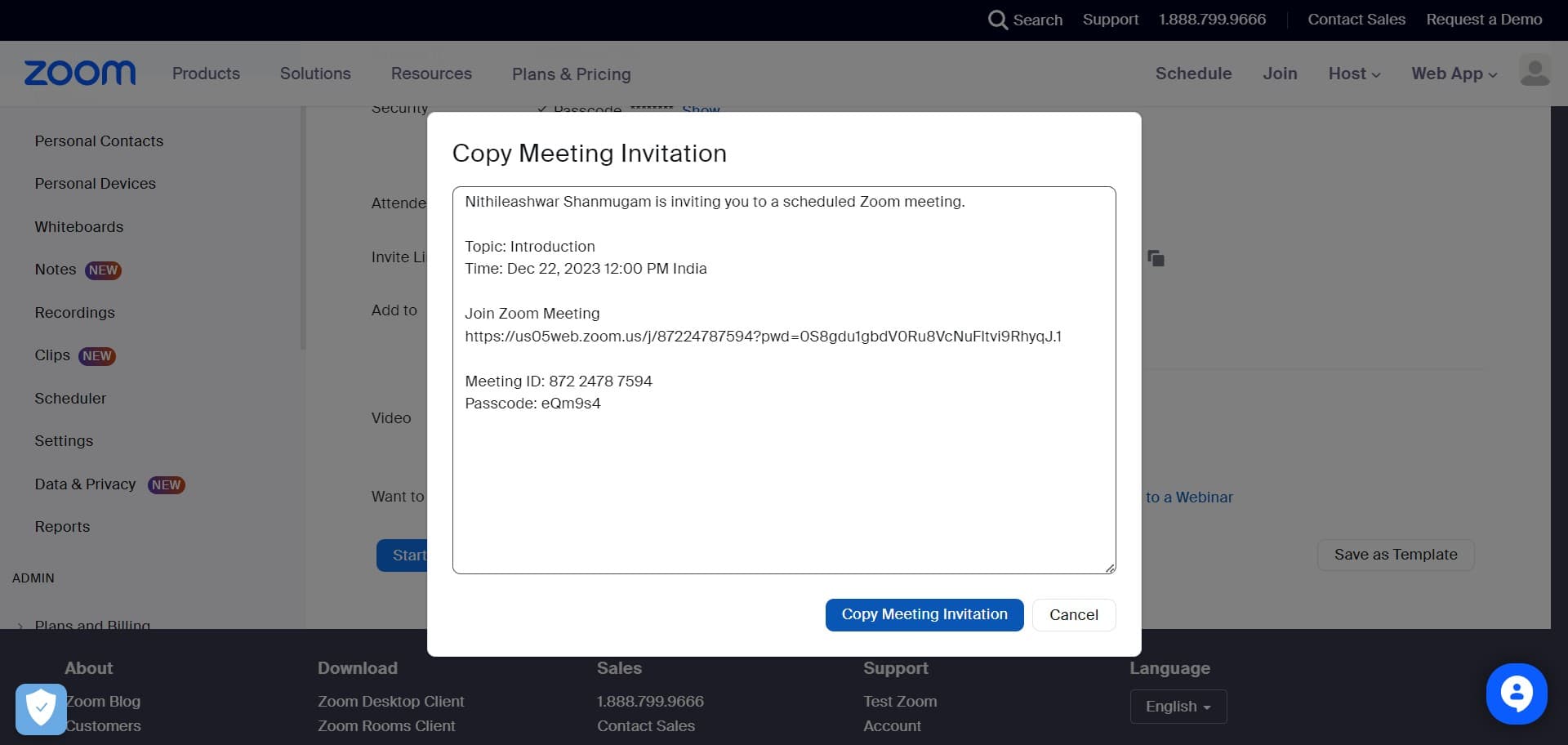 Copy full meeting invitation