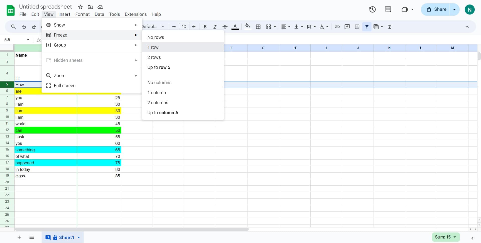 Select 1 row to freeze
