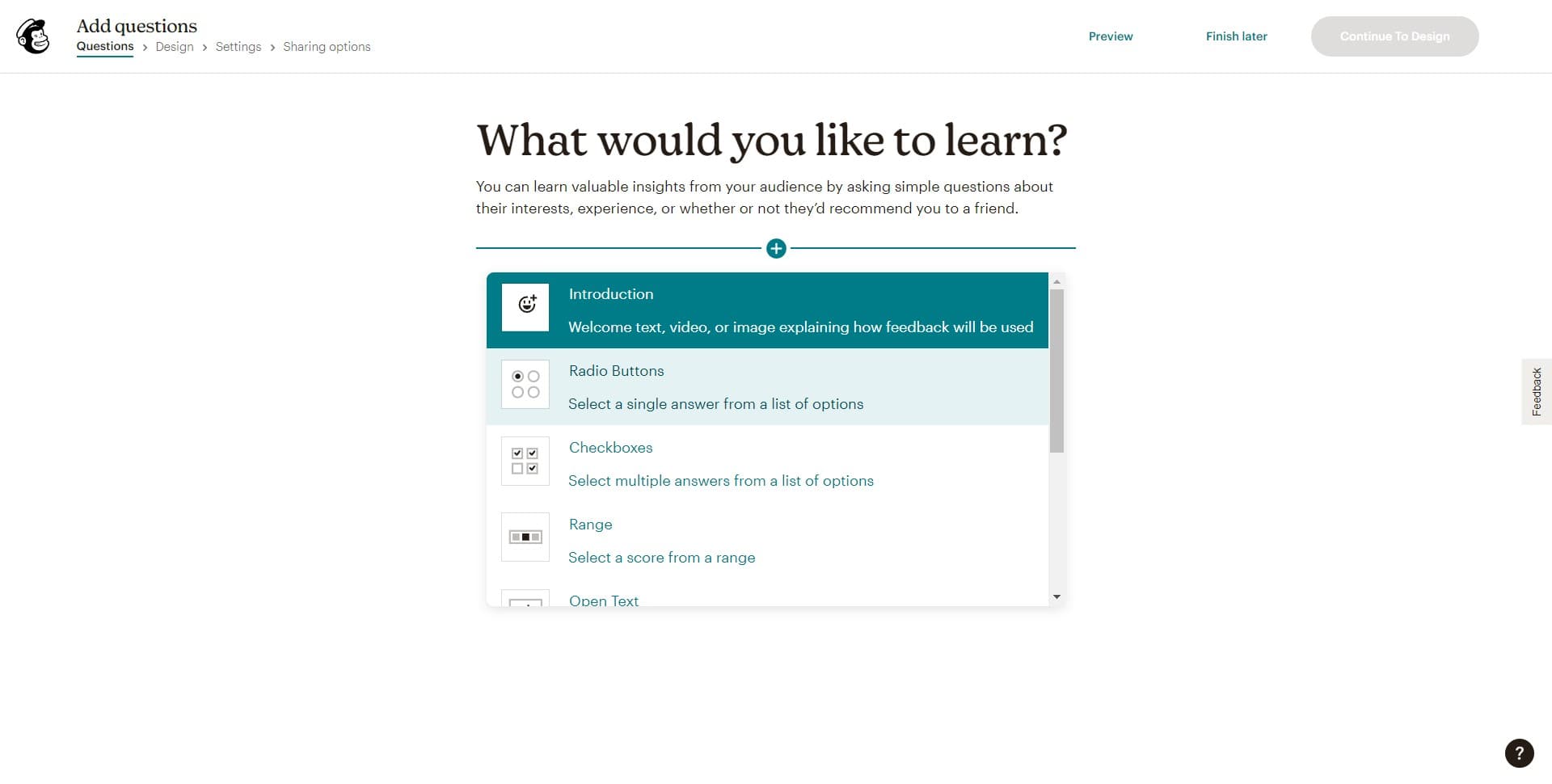 Select a single response question type