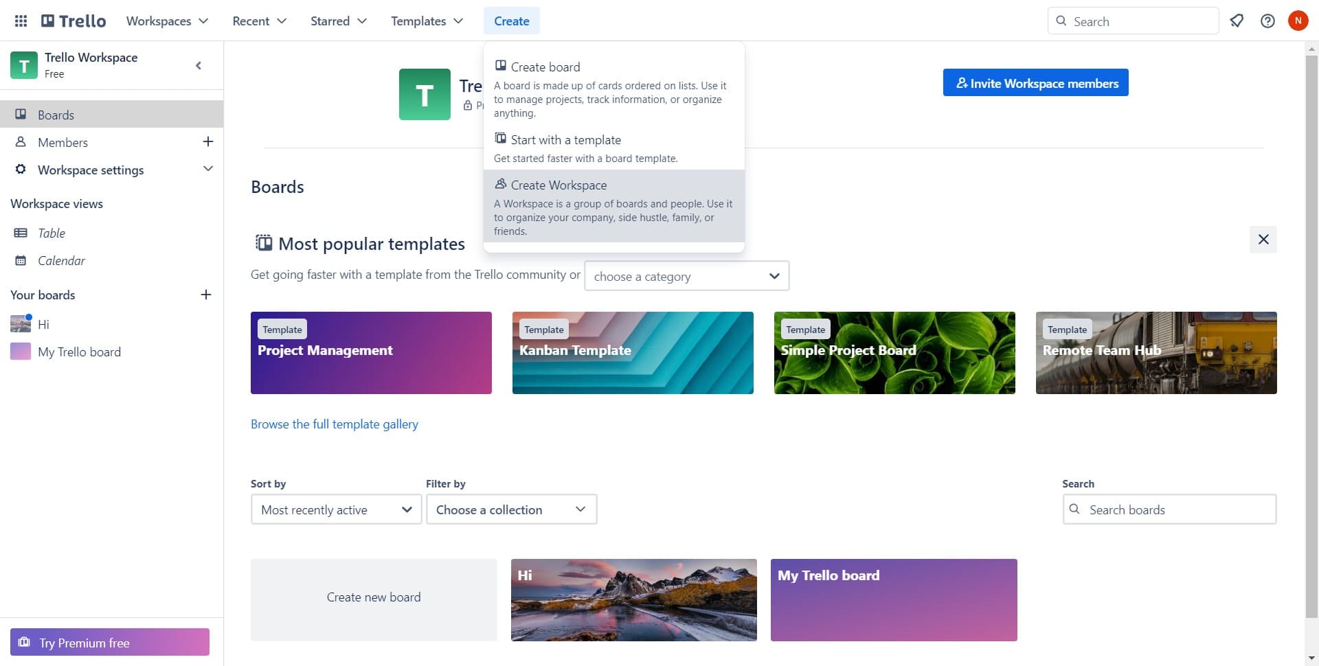 Select workspace creation option