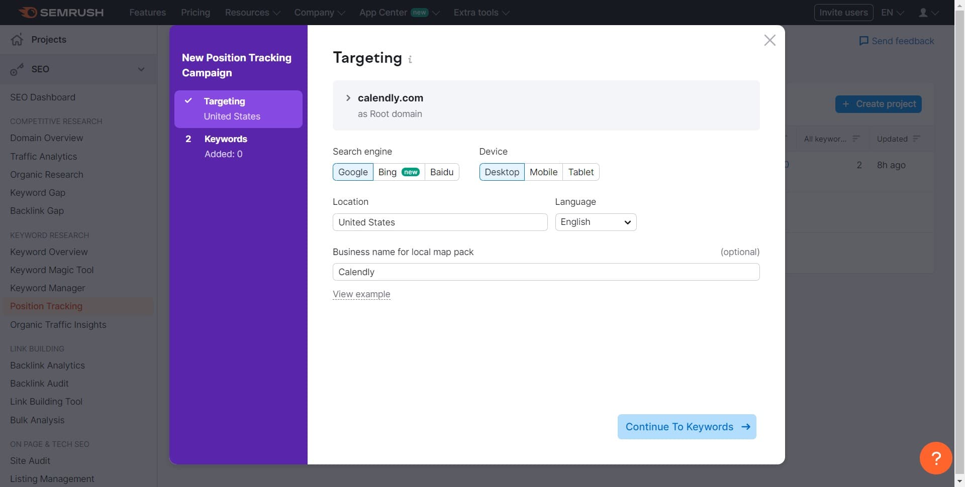 Proceed to Keywords Setup