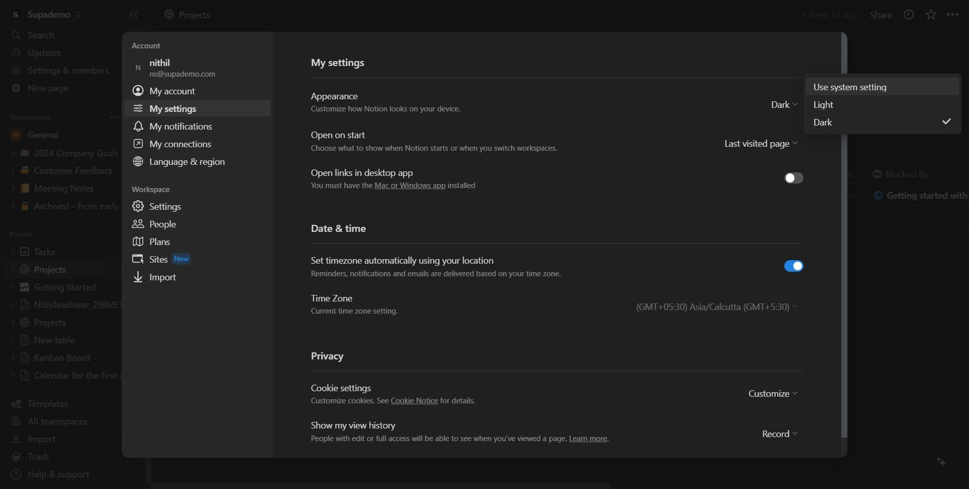 Choose Use system setting