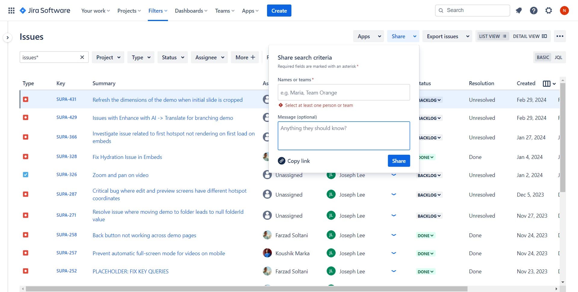 Copy the shareable link