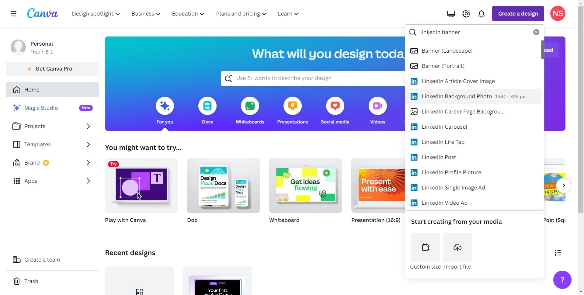 Select the LinkedIn Banner Size