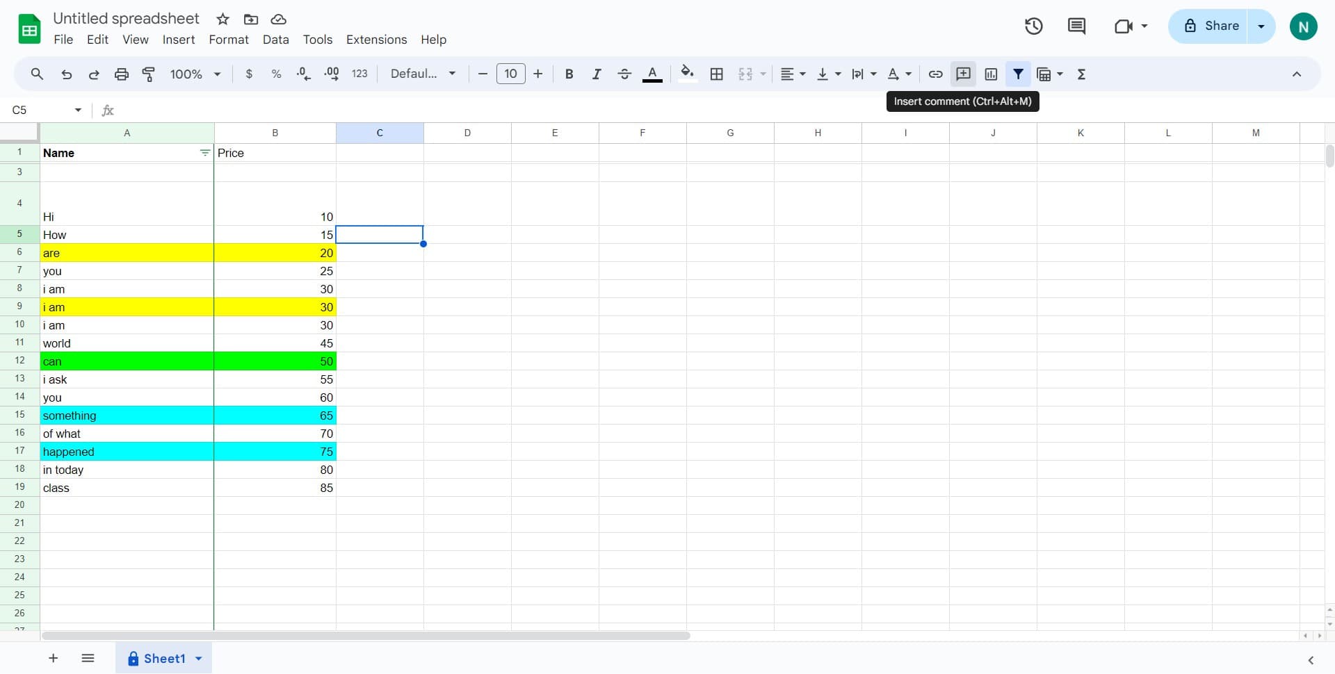 Access the comment menu