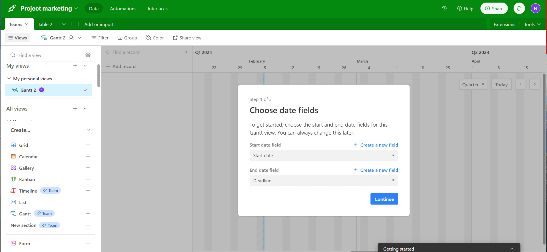 Configure start date field