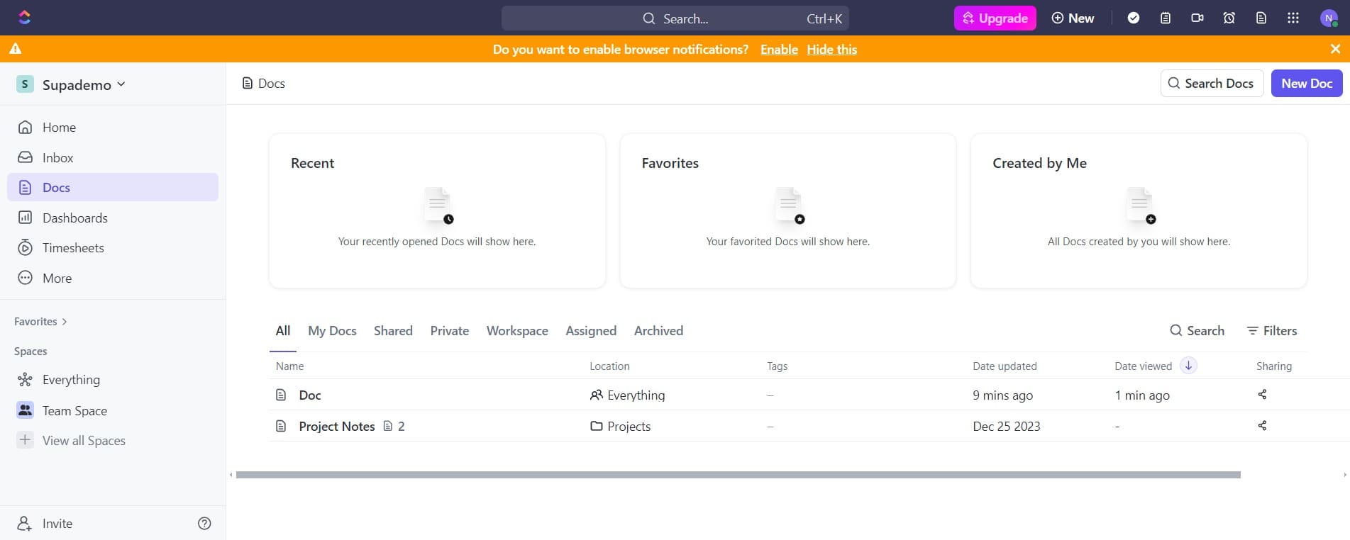 Access your recent workspaces