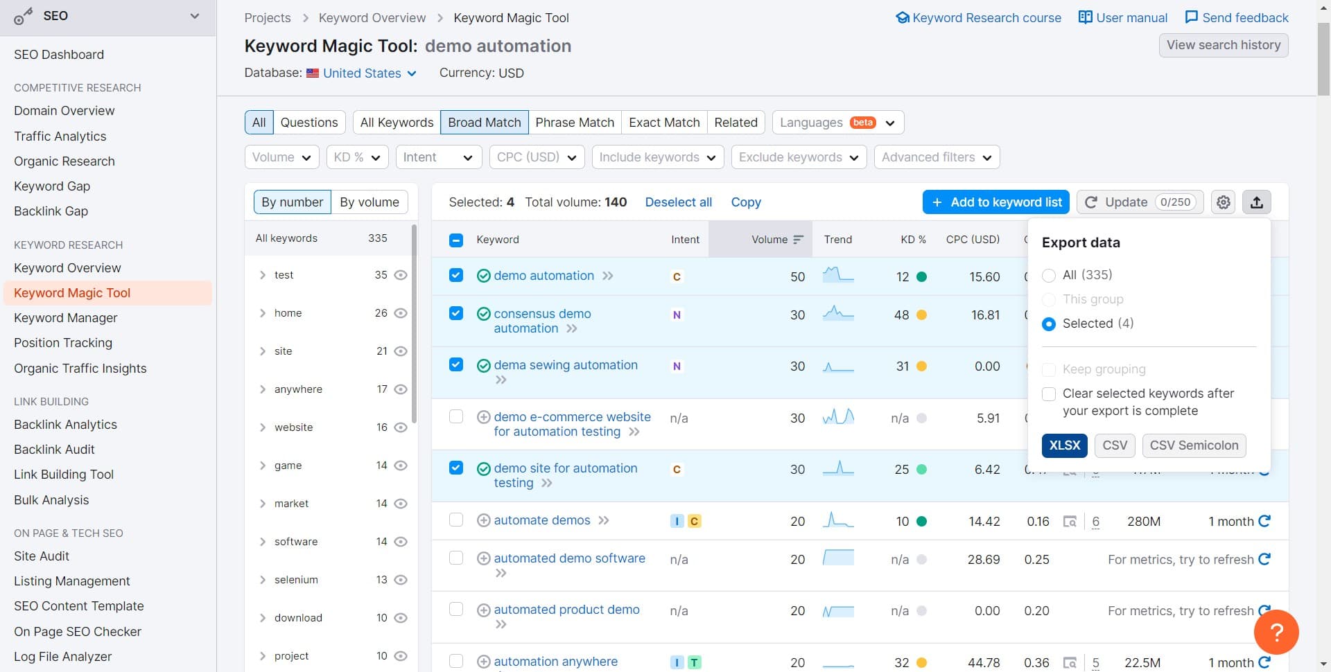 Export keywords to XLSX format