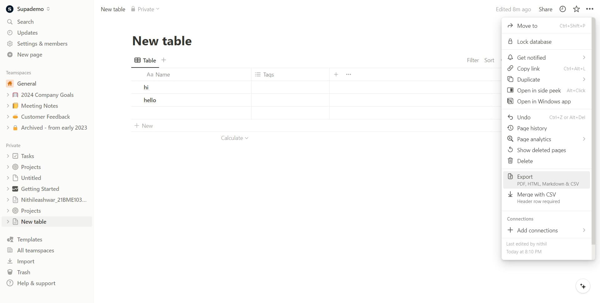 Select the export option