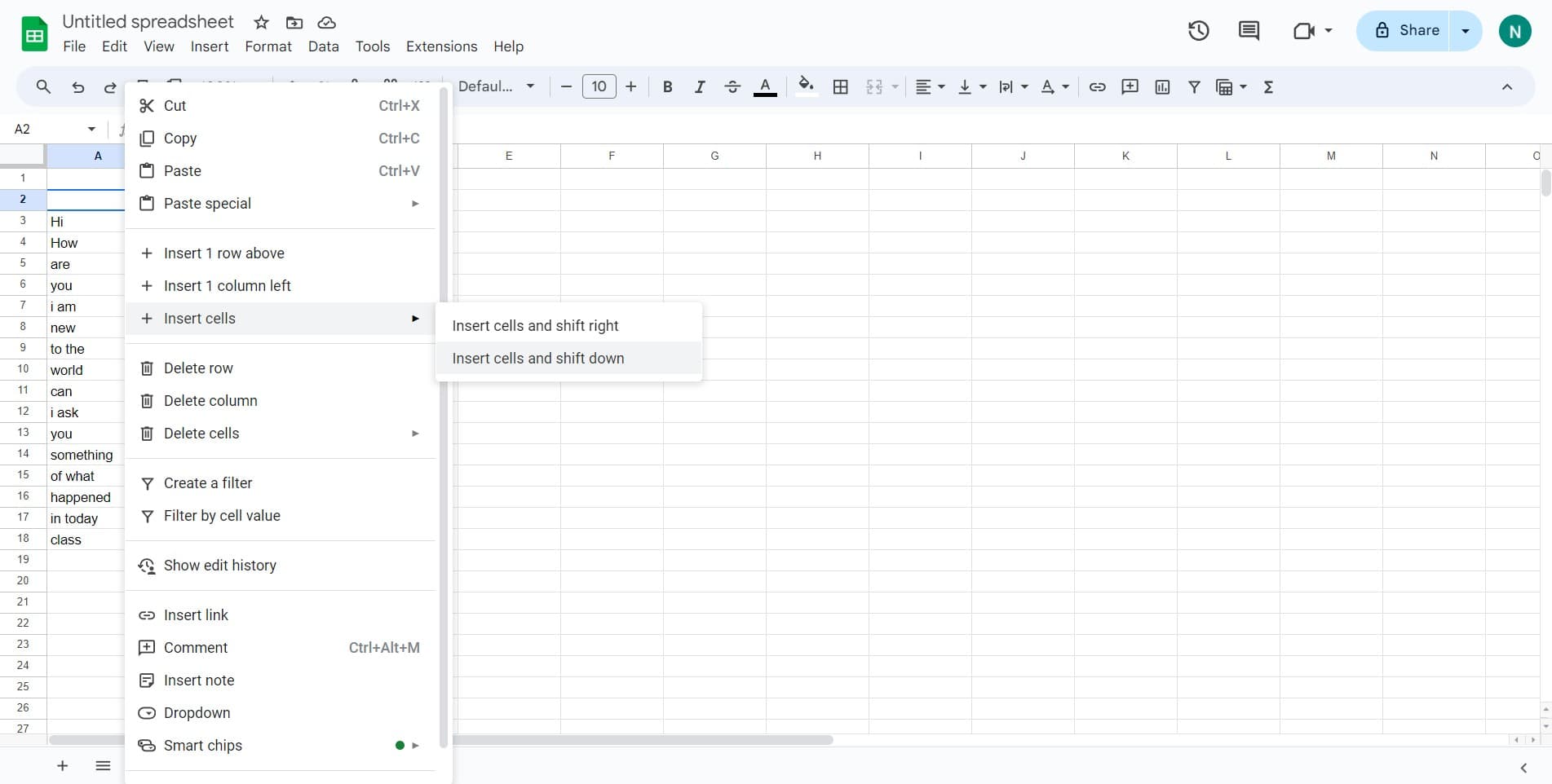 Click on Insert cells and shift down