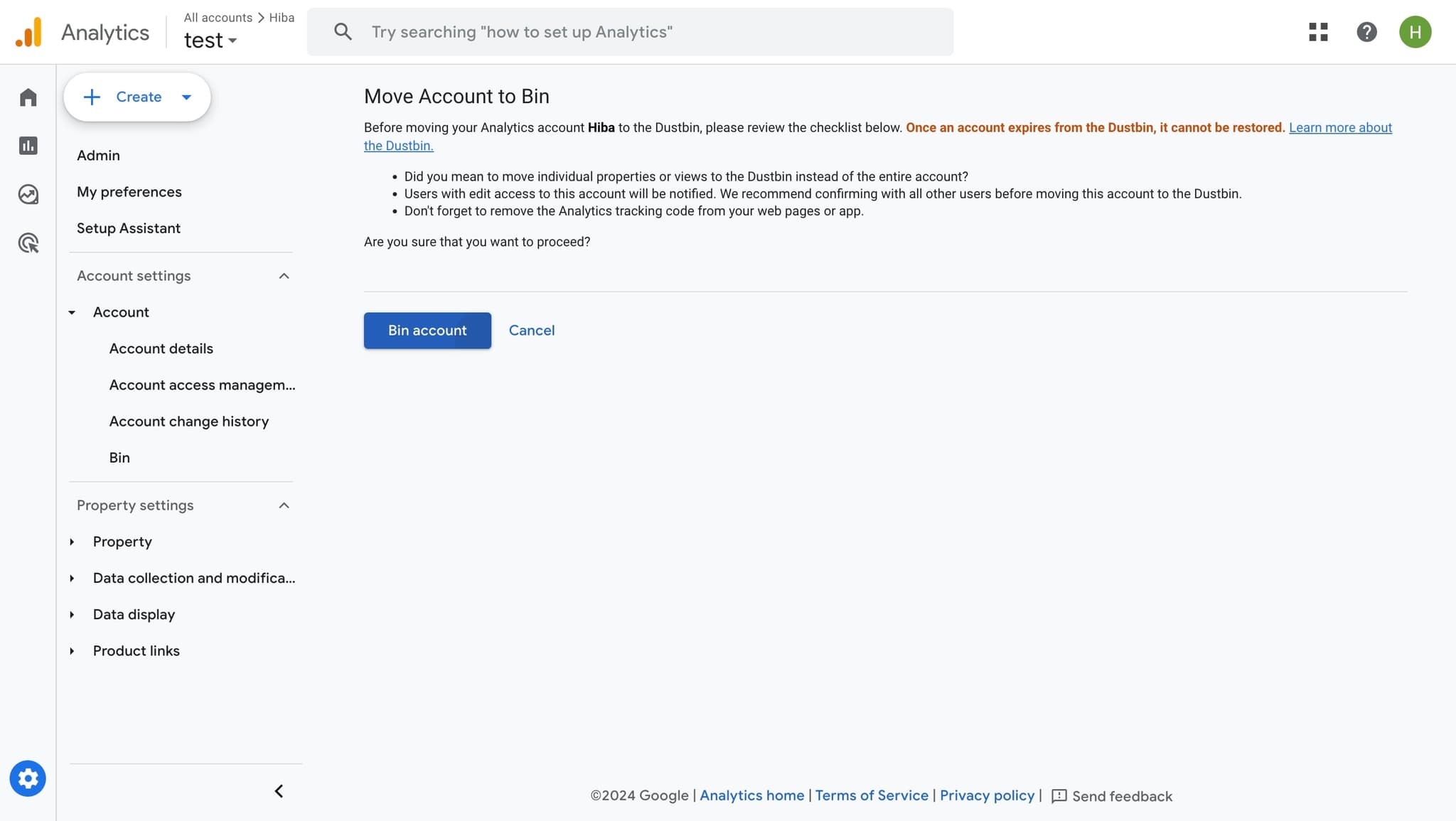 Initiate the account deletion