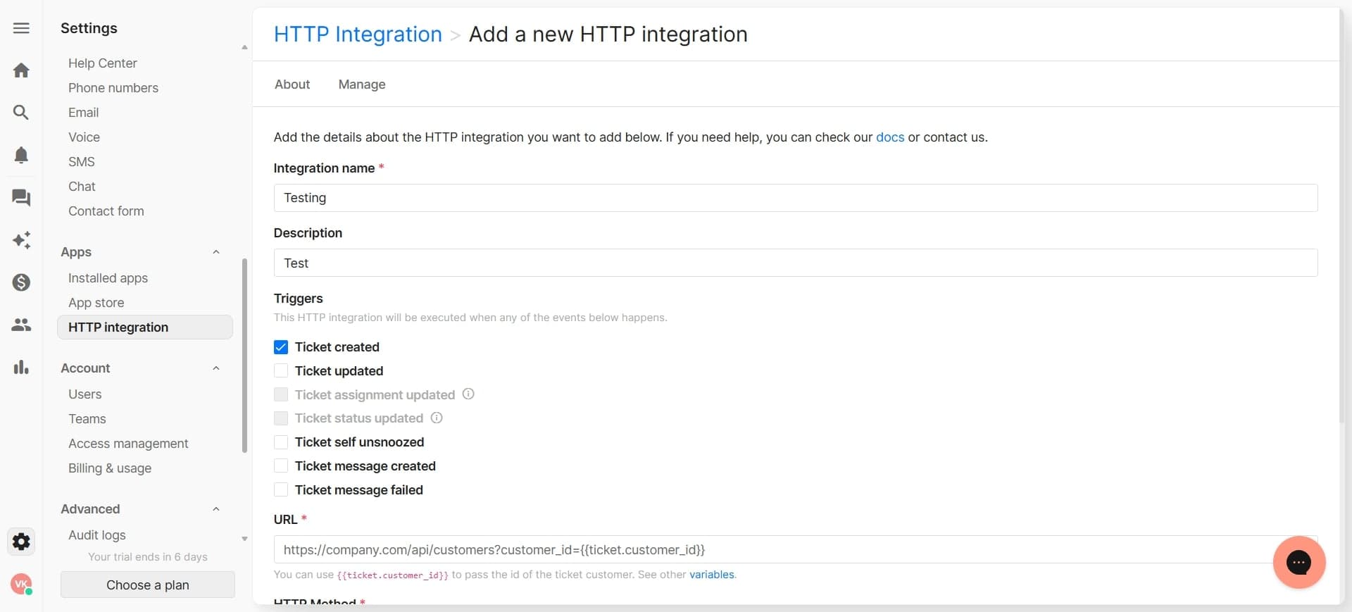 Configure the HTTP endpoint URL