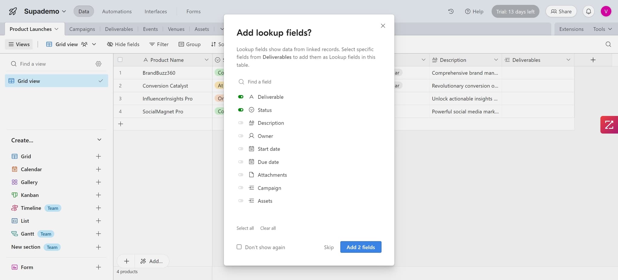 Click on 'Add 2 fields'