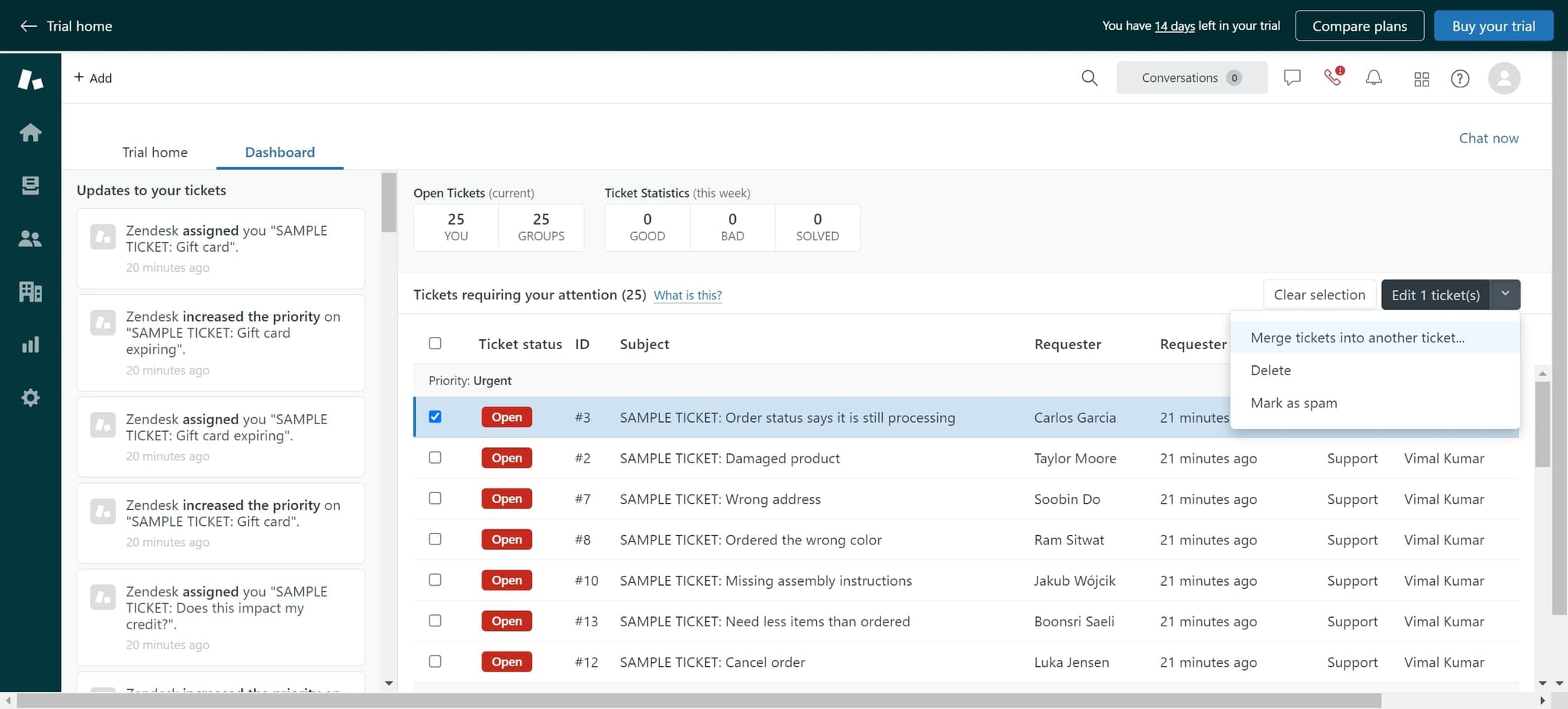 Select merge tickets option