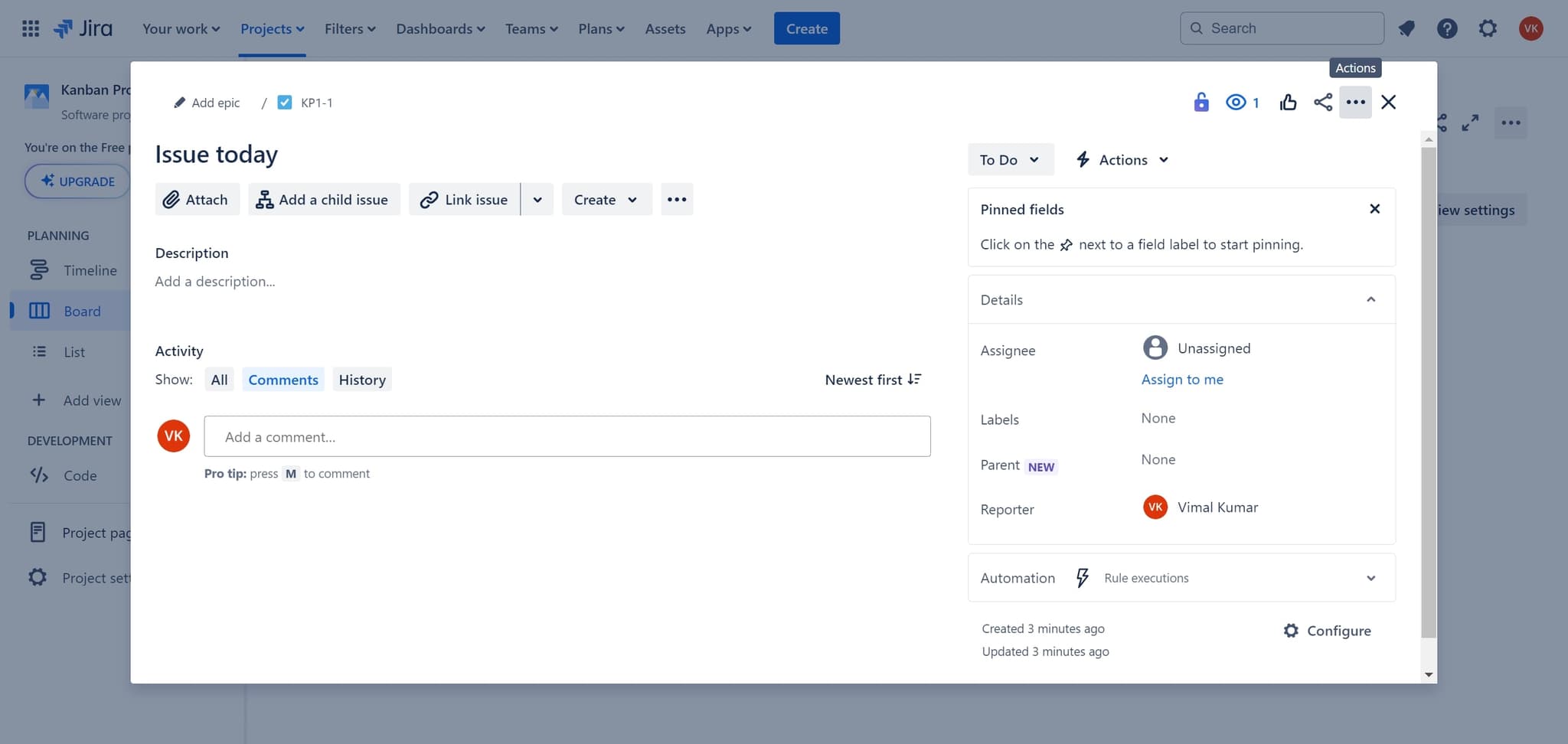 Access the actions menu