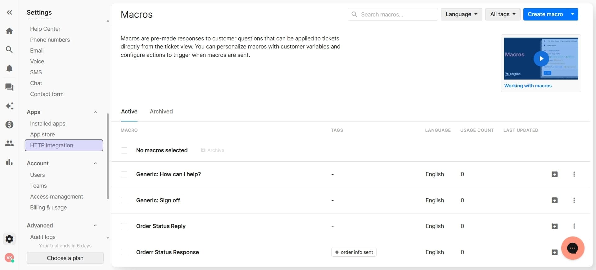Select create custom HTTP integration