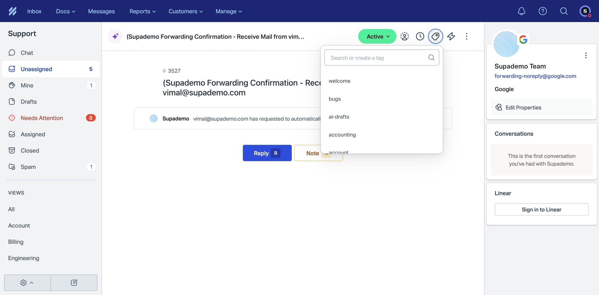 Confirm the tag is applied to the ticket
