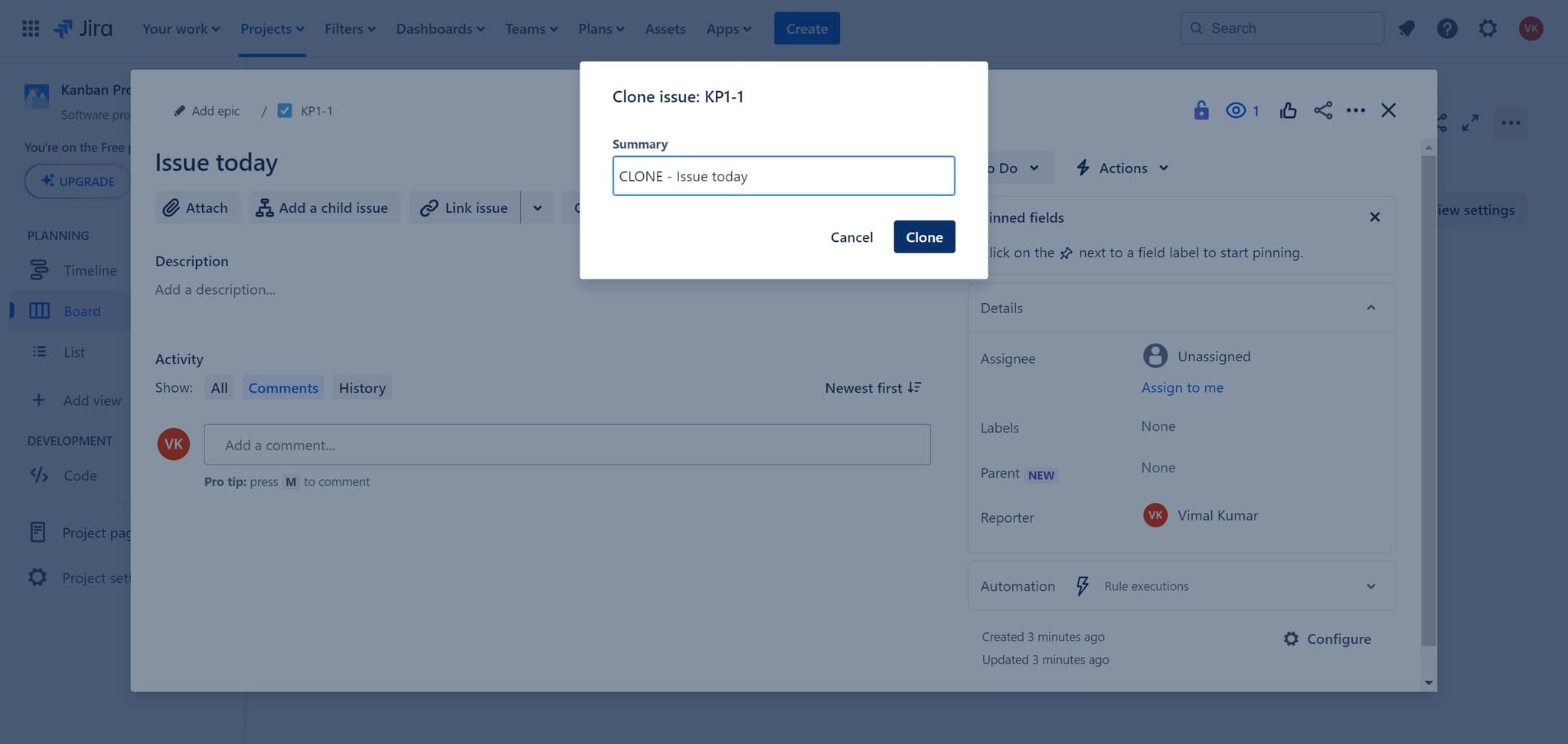 Confirm the clone action
