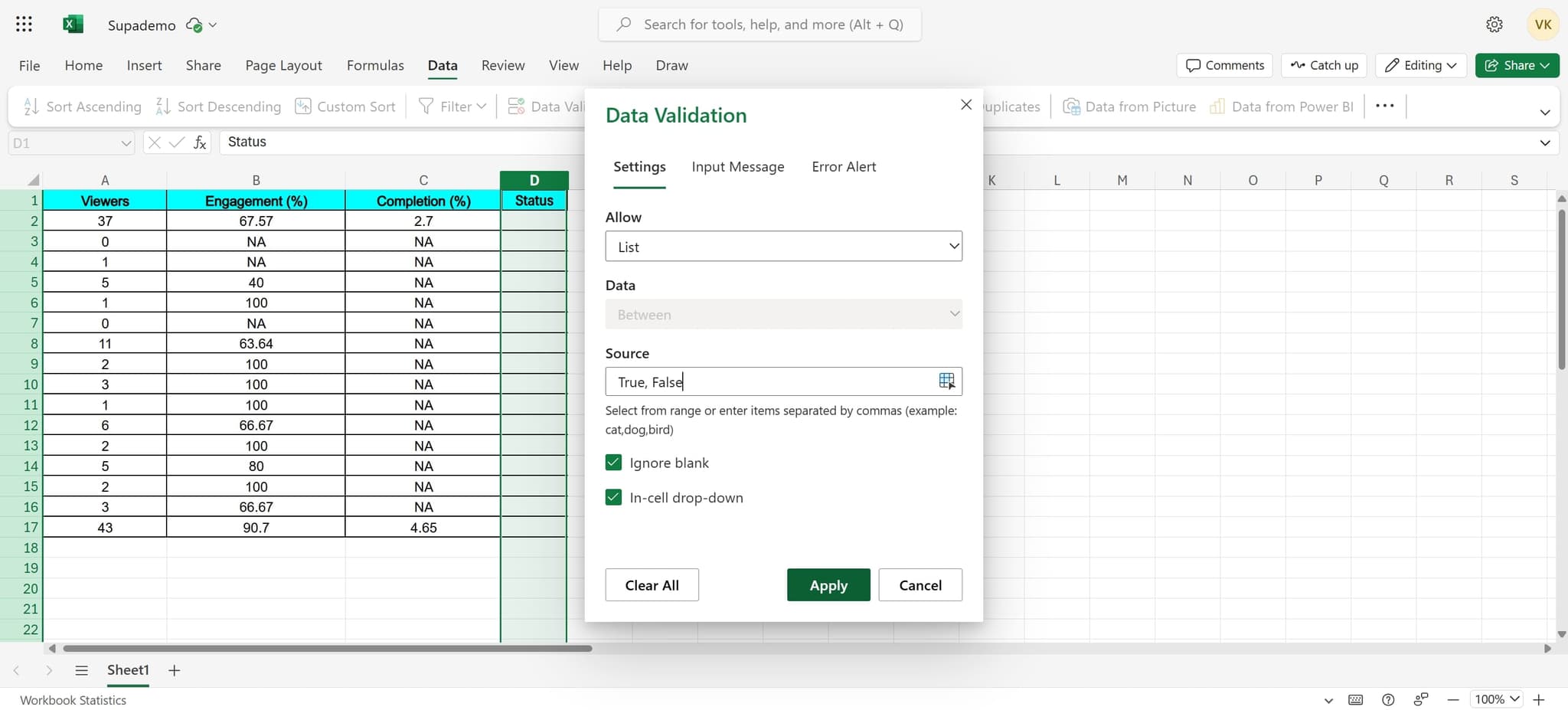 Apply the validation settings