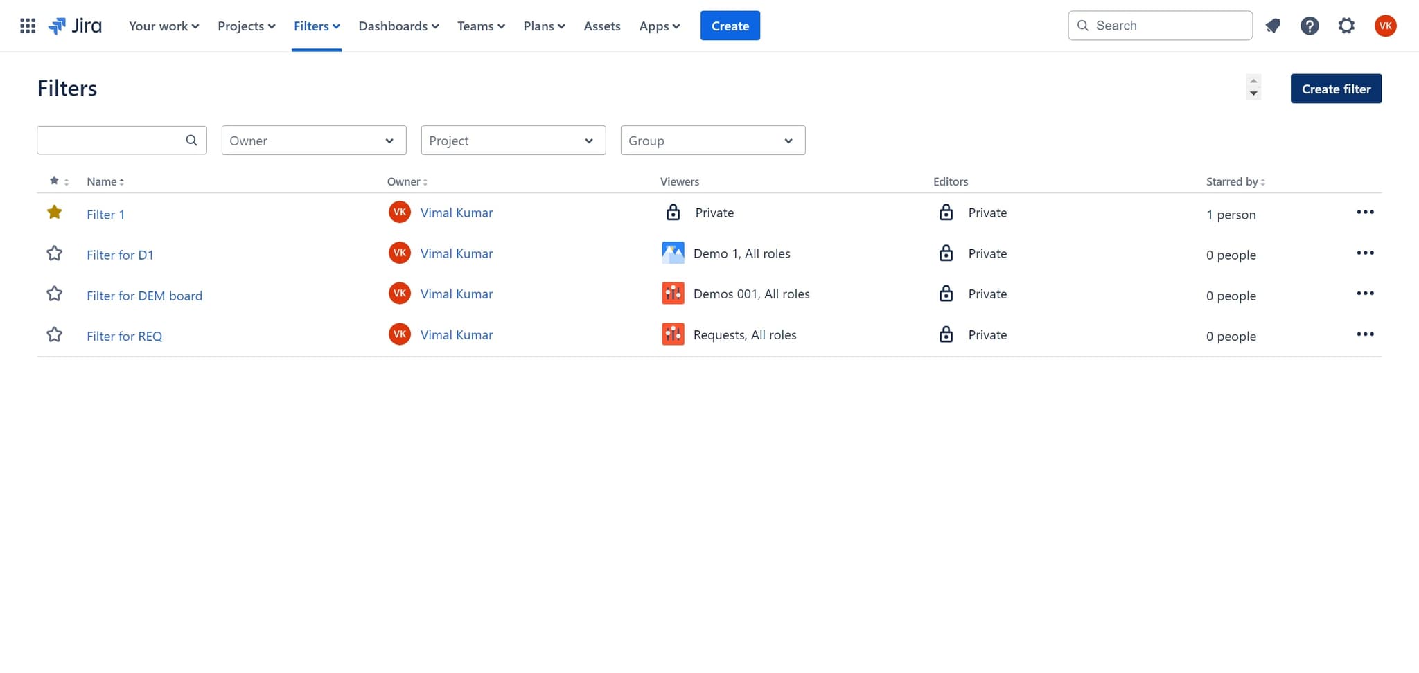 Start creating a new filter