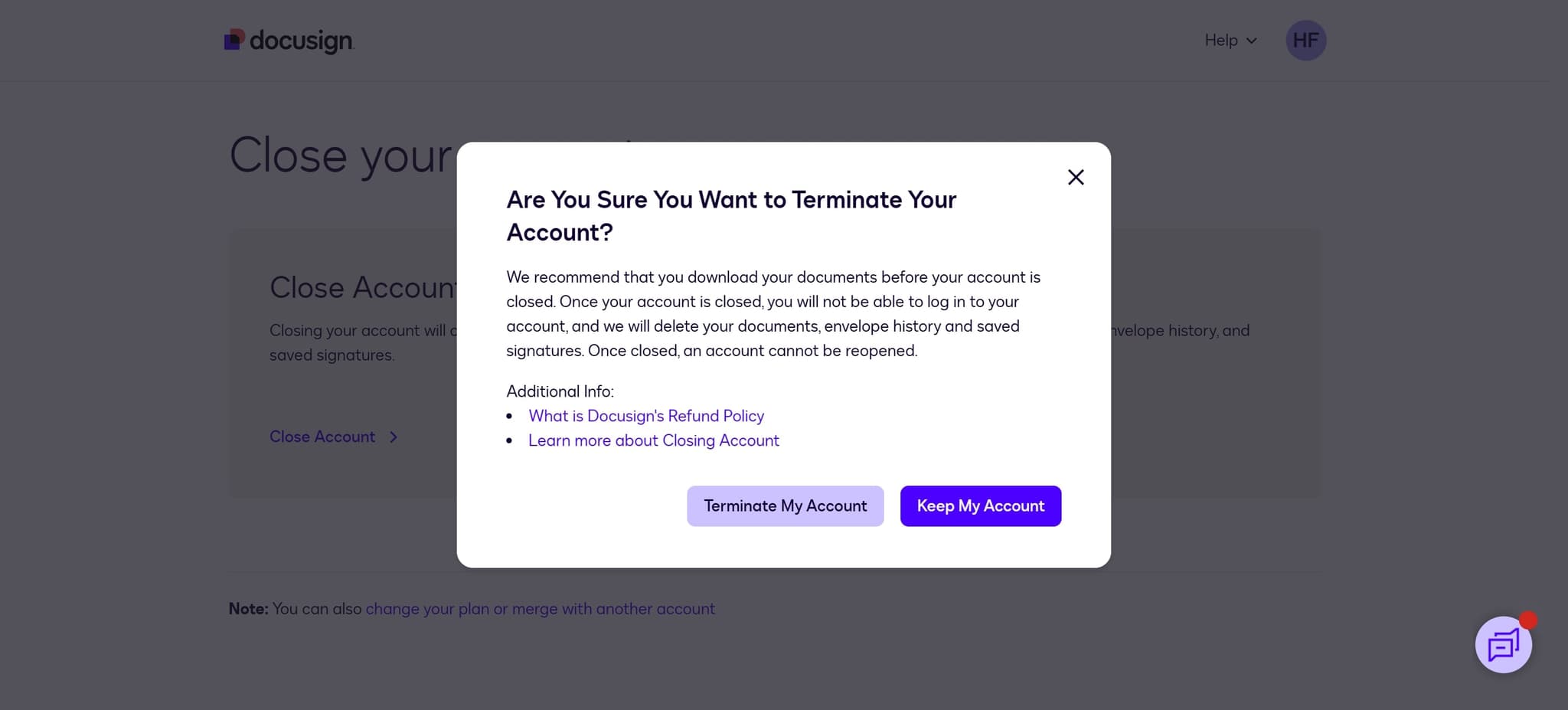 Click on Terminate My Account