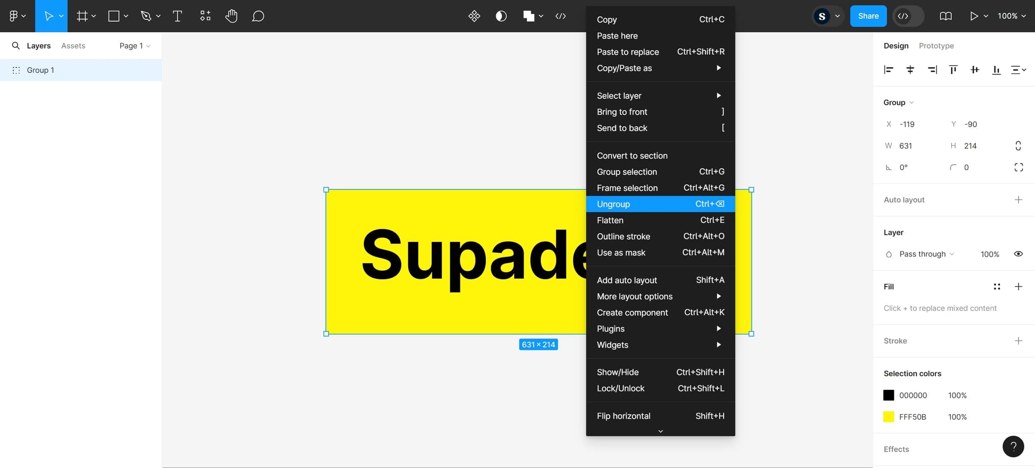 Access the ungroup option
