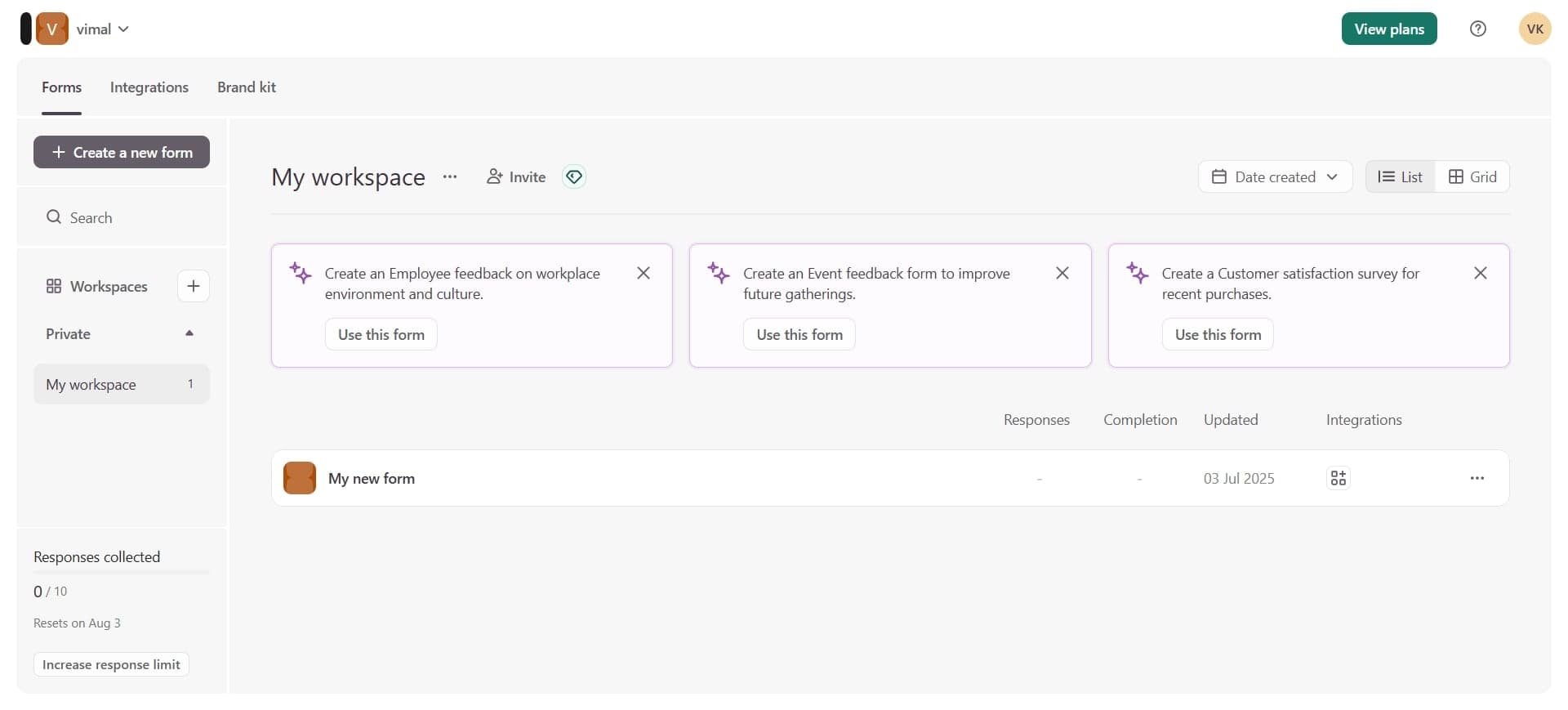 Sign up or log into Typeform