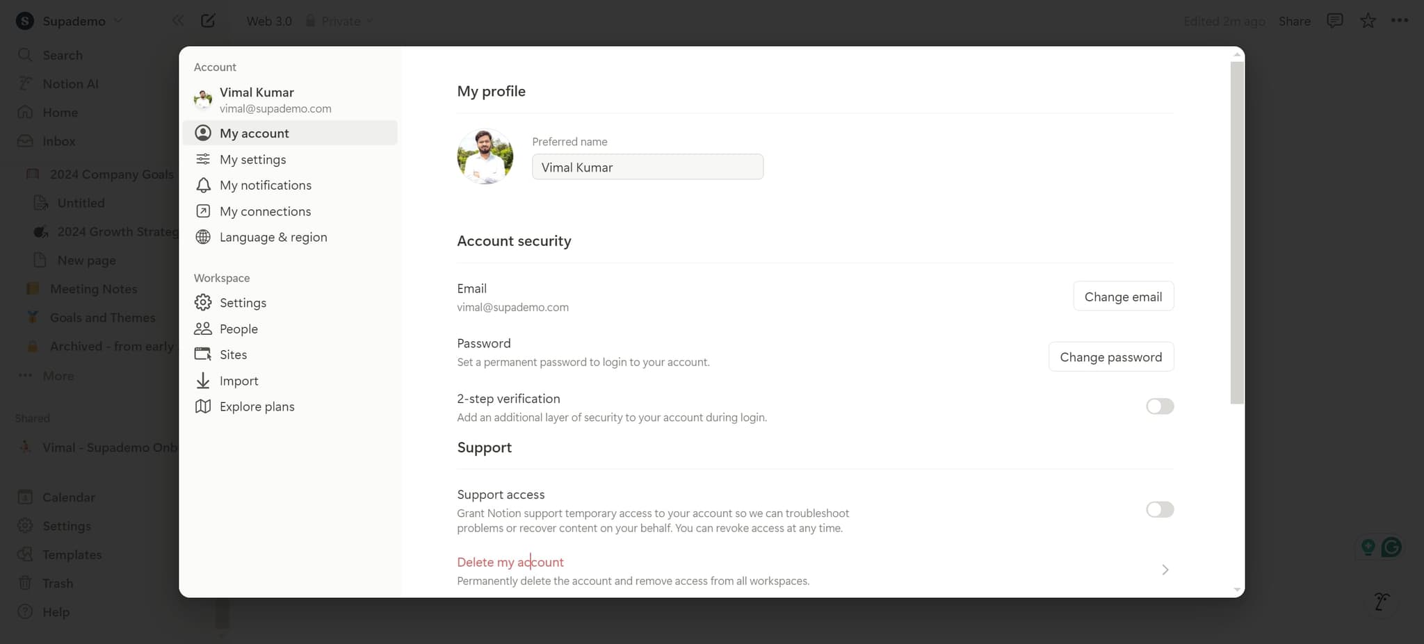 Click on Delete my account