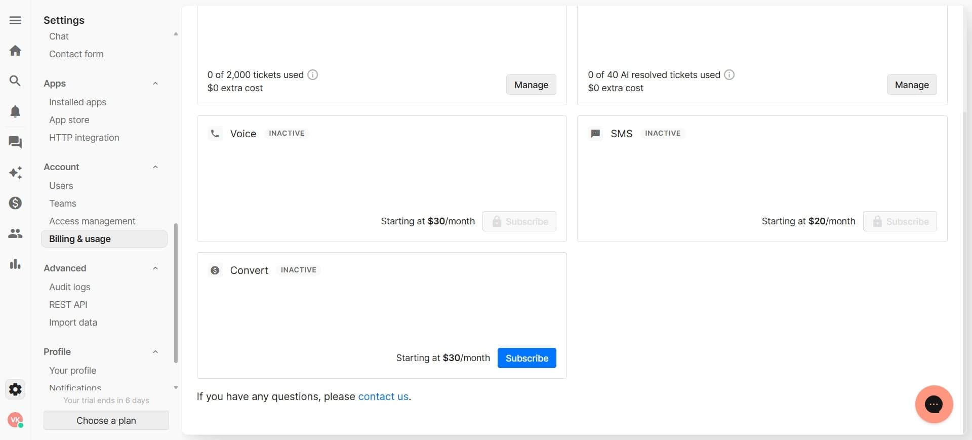 Locate subscription or billing section