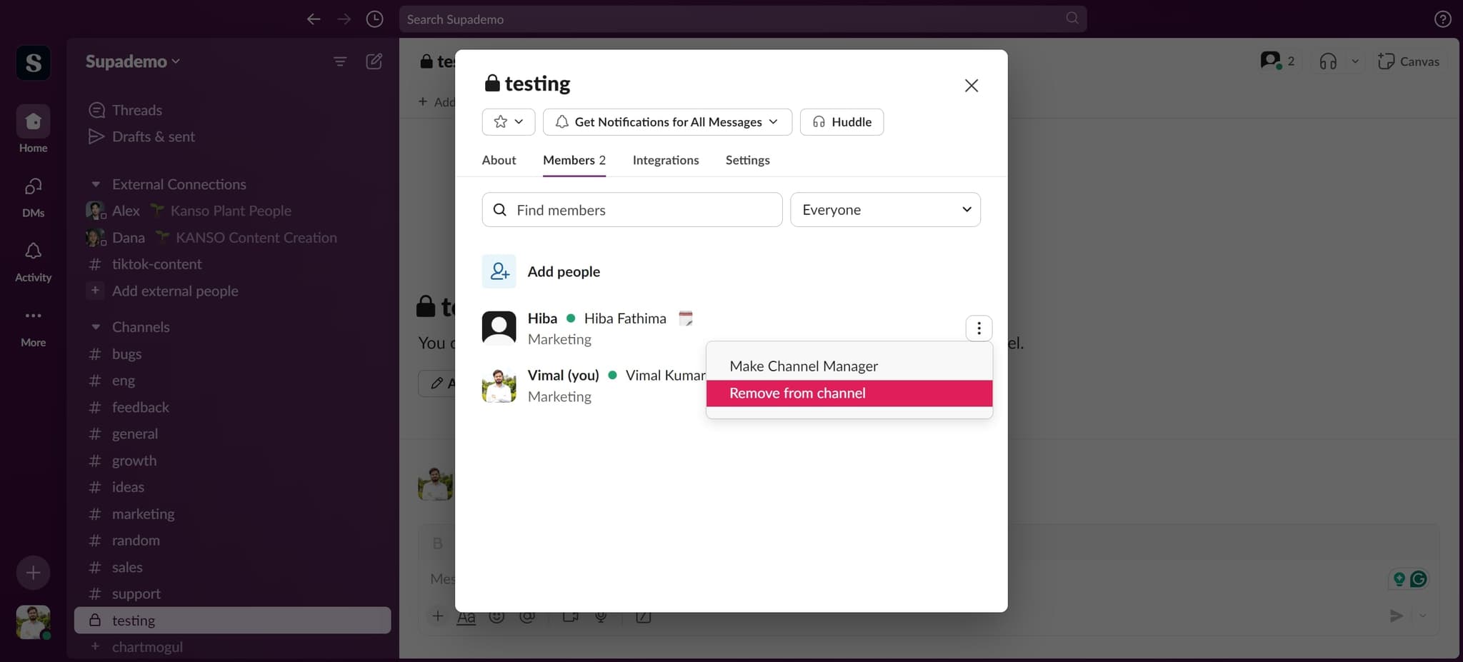 Click on Remove from channel